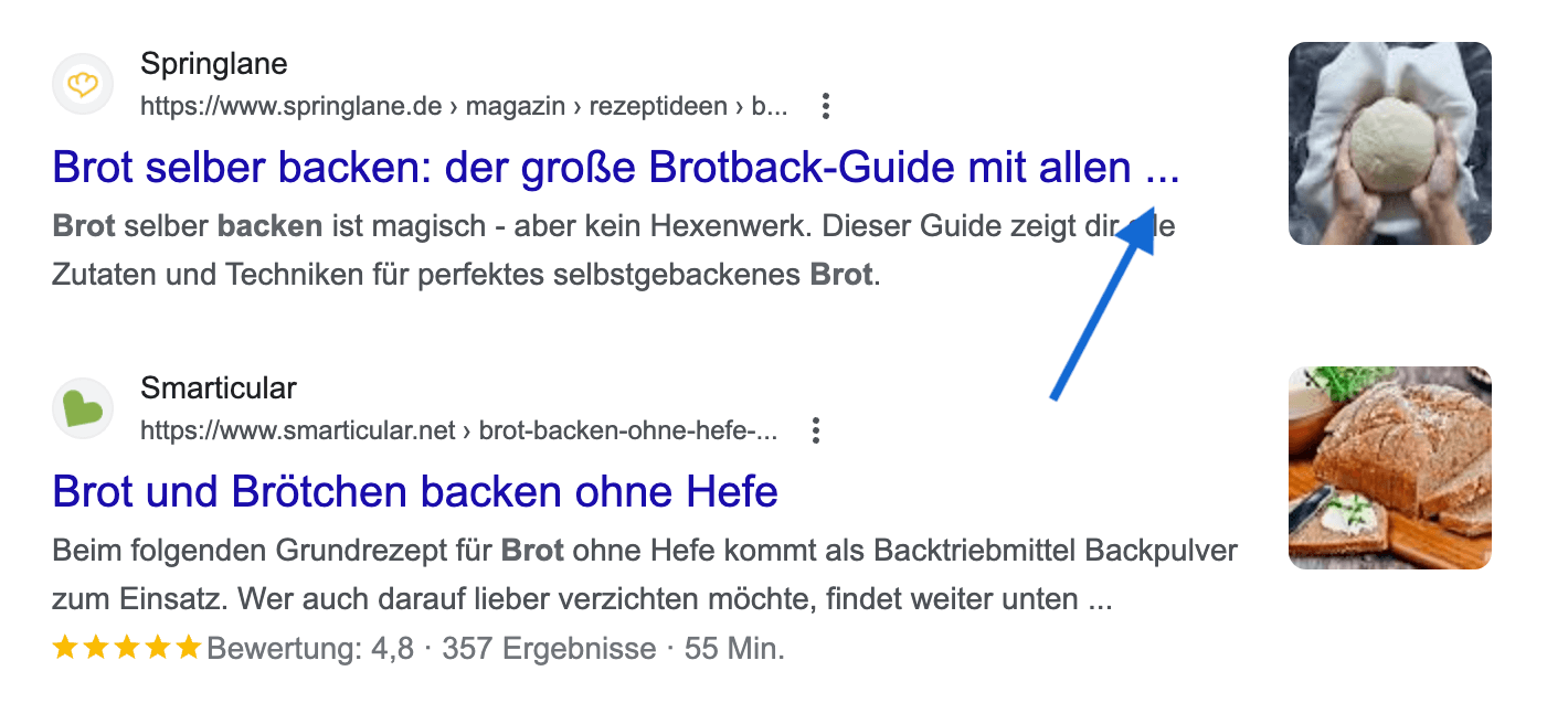 Ausschnitt zweier Google Snippets zum Brotbacken.