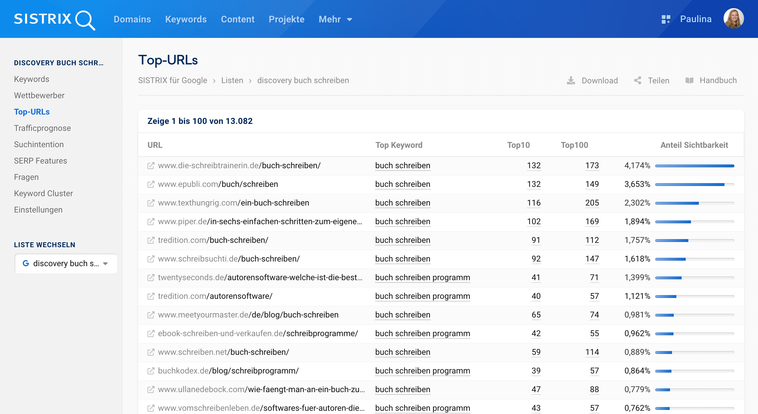 Eine Auflistung der Top-URLs, die für die Keywords der Liste ranken.