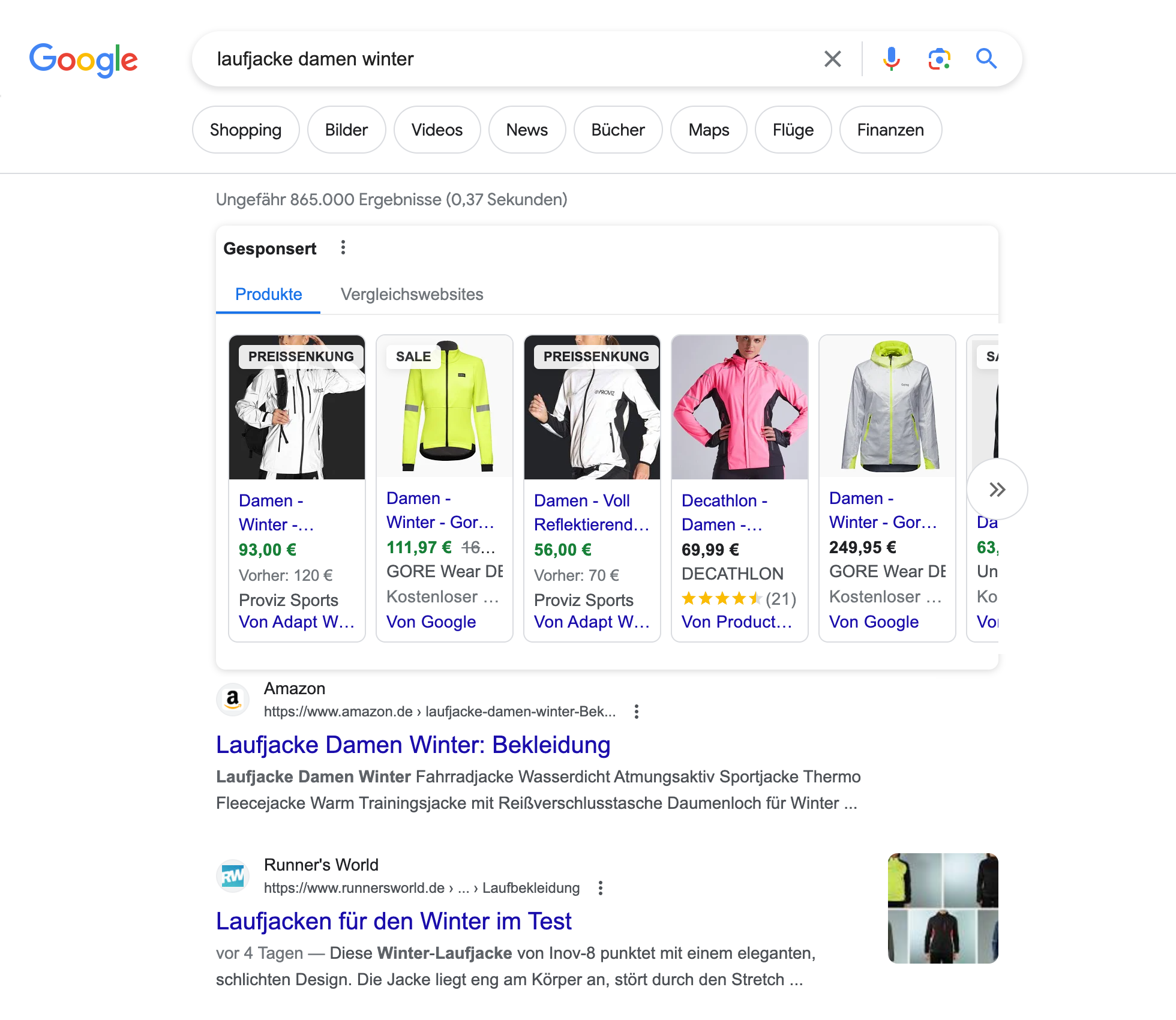 Die Google Suchergebnisseite für den Suchbegriff 'laufjacke damen winter'.