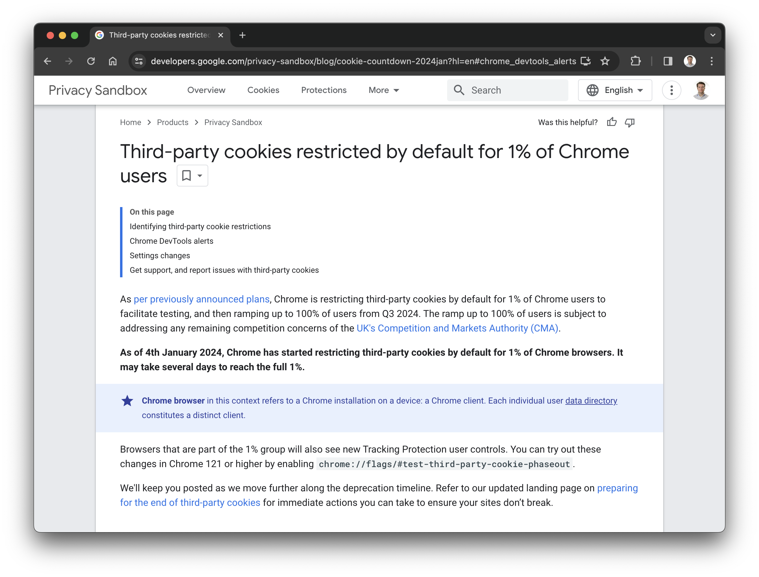 Third-party cookies restricted by default for 1% of Chrome users