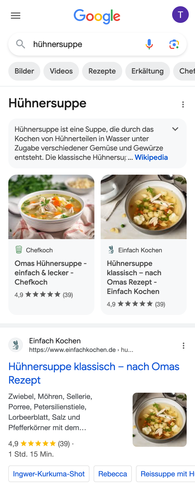 Die mobilen Google-Suchergebnisse für das Keyword 'hühnersuppe'.