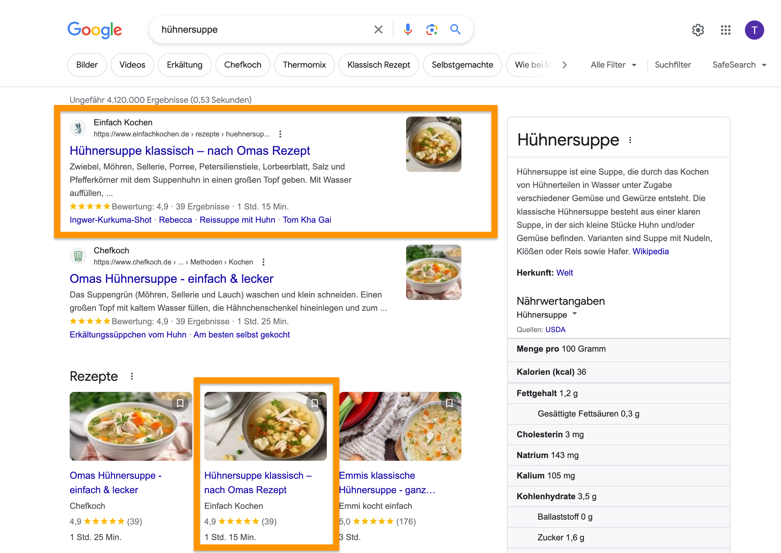 Die Desktop-Google-Suchergebnisse für das Keyword 'hühnersuppe'.