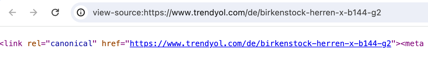 Der Seitenquelltext der Kategorieseite für 'Birkenstock Herren' auf trendyol.com weist einen Canonical Tag auf.