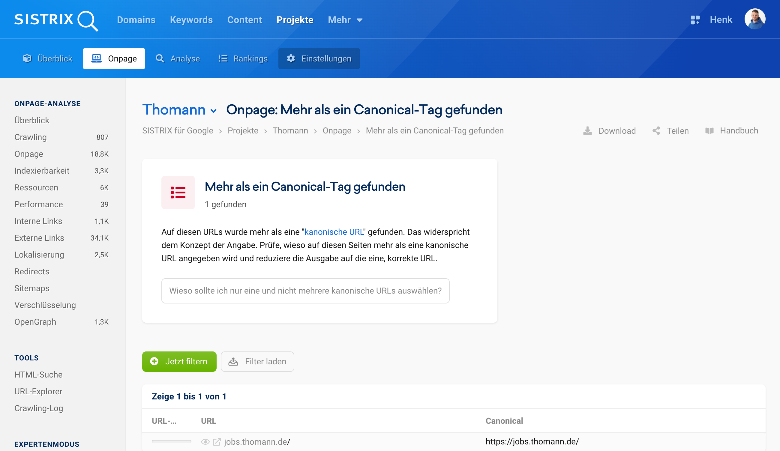 SISTRIX Onpage-Analyse für Thomann zeigt eine URL mit mehr als einem Canonical-Tag.