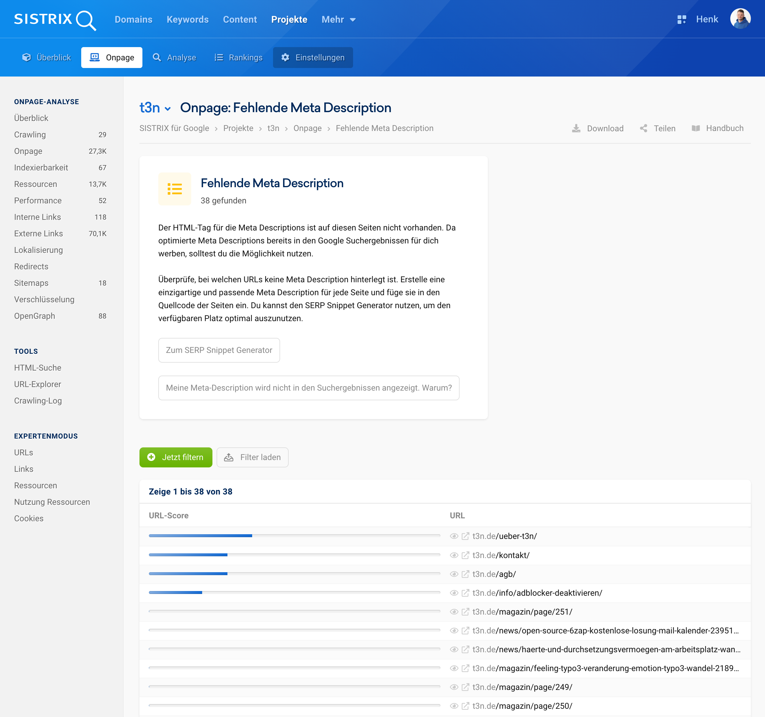 Ansicht im SISTRIX Onpage-Modul mit dem Report „Fehlende Meta Description“ für die Domain t3n.de.
