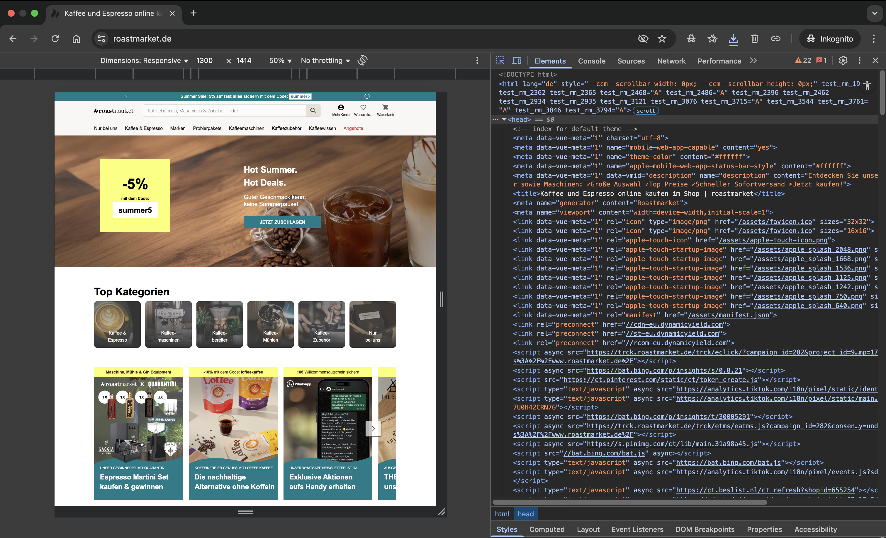 Screenshot der Startseite von roastmarket.de im Chrome-Inspector mit sichtbarem HTML-Quellcode im „Elements“-Tab und hervorgehobenen Meta-Tags im Head-Bereich.