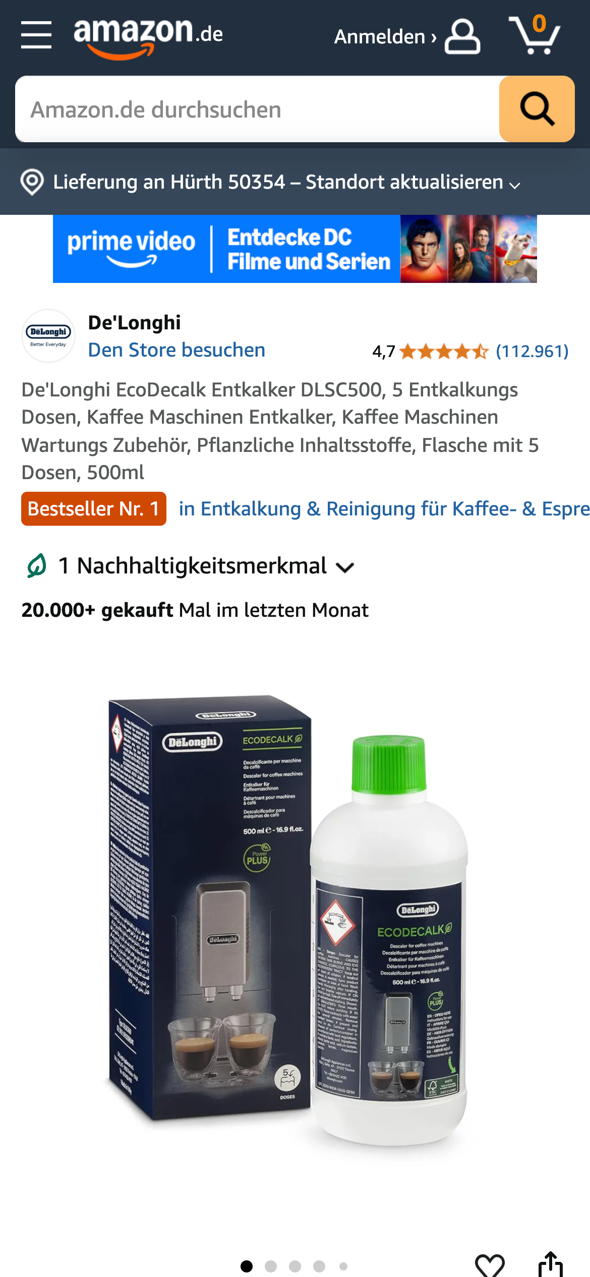 De'Longhi EcoDecalk Entkalker – Amazon-Produktseite, 4,7 Sterne, Bestseller Nr. 1, 20.000+ Verkäufe.