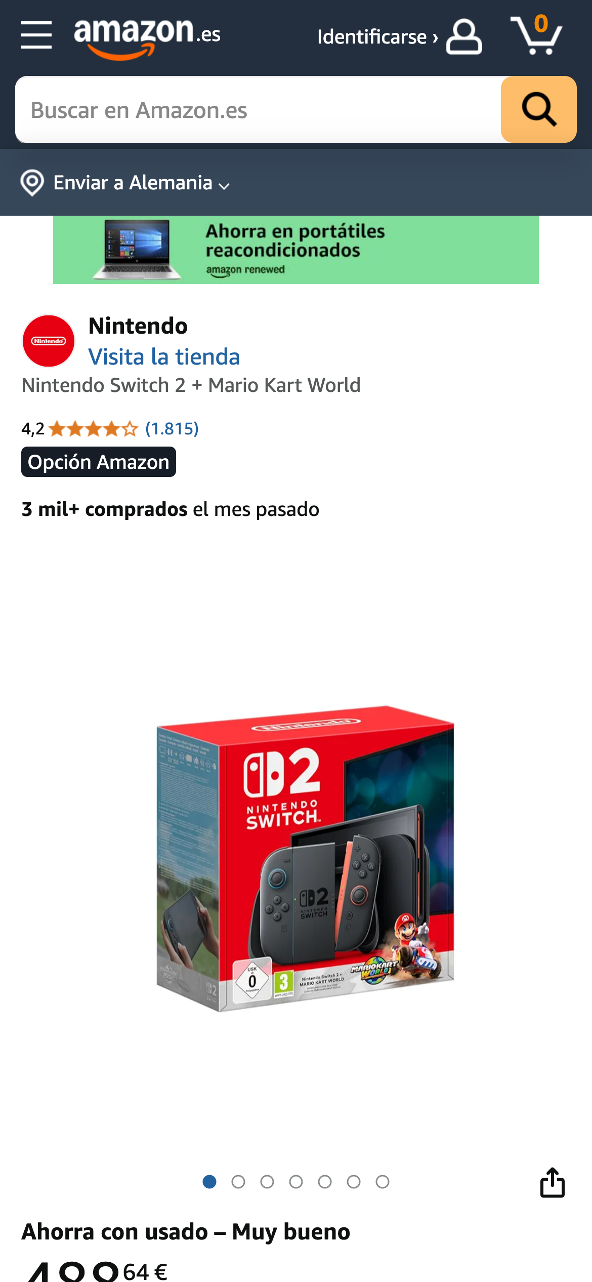 Nintendo Switch 2 mit Mario Kart World im roten Karton auf Amazon Spanien, 3.000+ Verkäufe im letzten Monat.