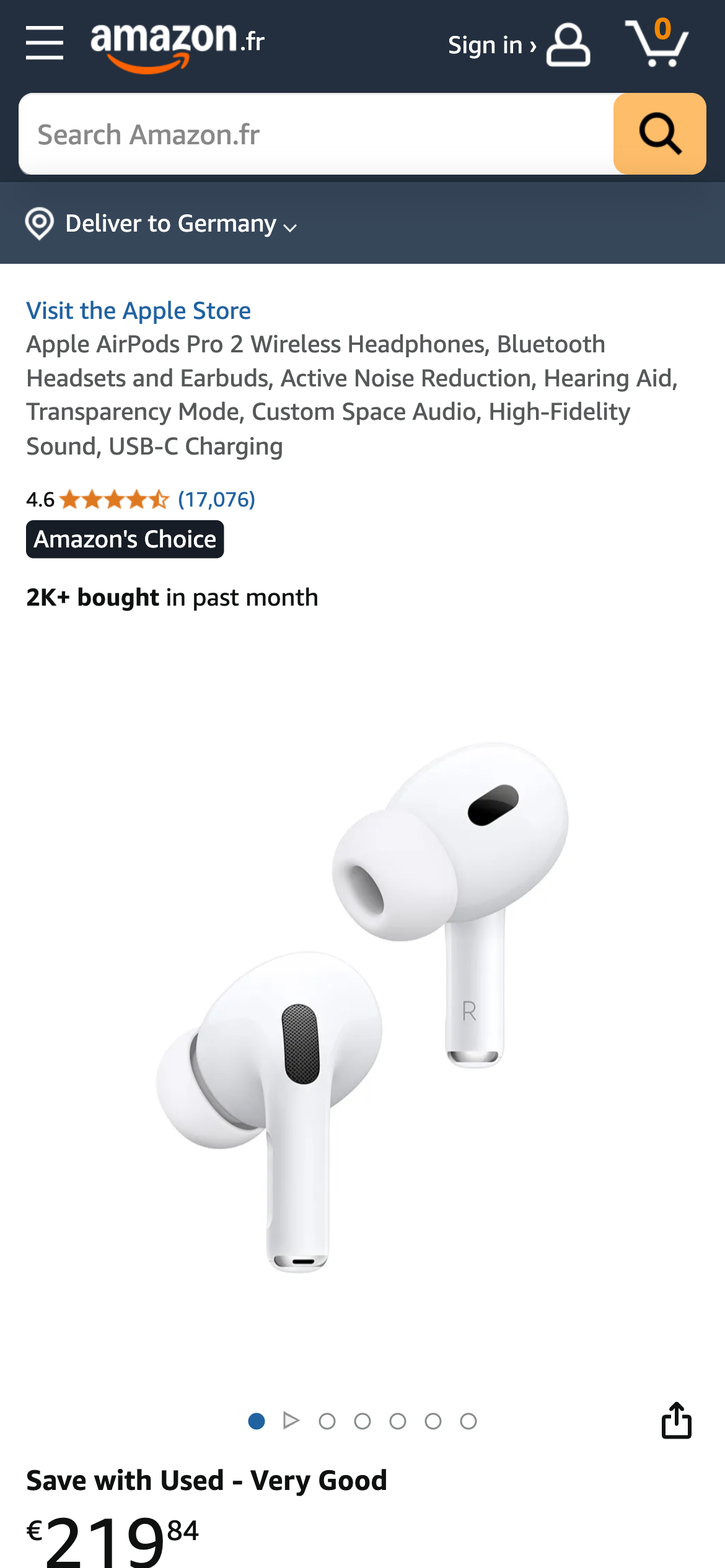 Apple AirPods Pro 2 in Weiß auf Amazon Frankreich, 2.000+ Verkäufe im letzten Monat.