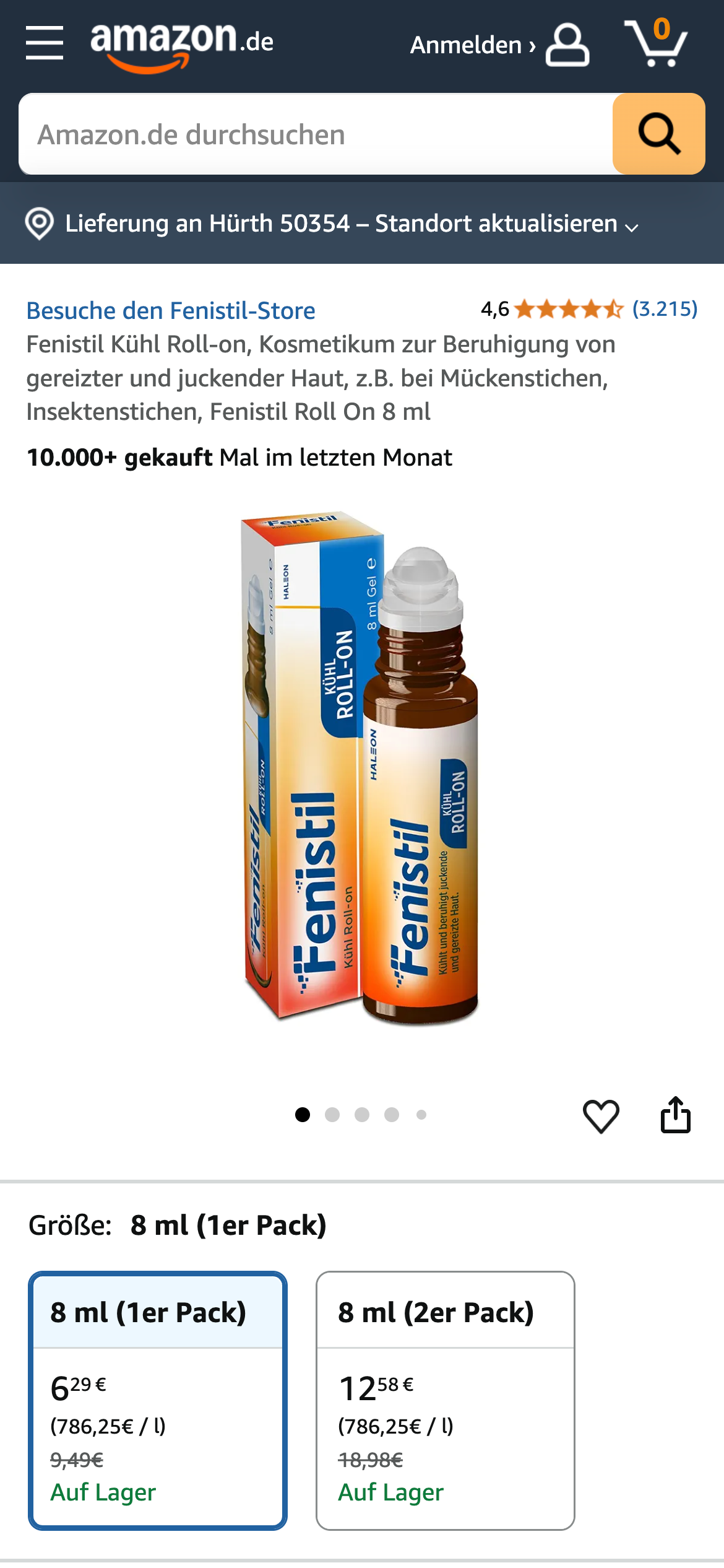 Fenistil Kühl Roll-on – Amazon-Produktseite, 4,6 Sterne, 10.000+ Verkäufe.