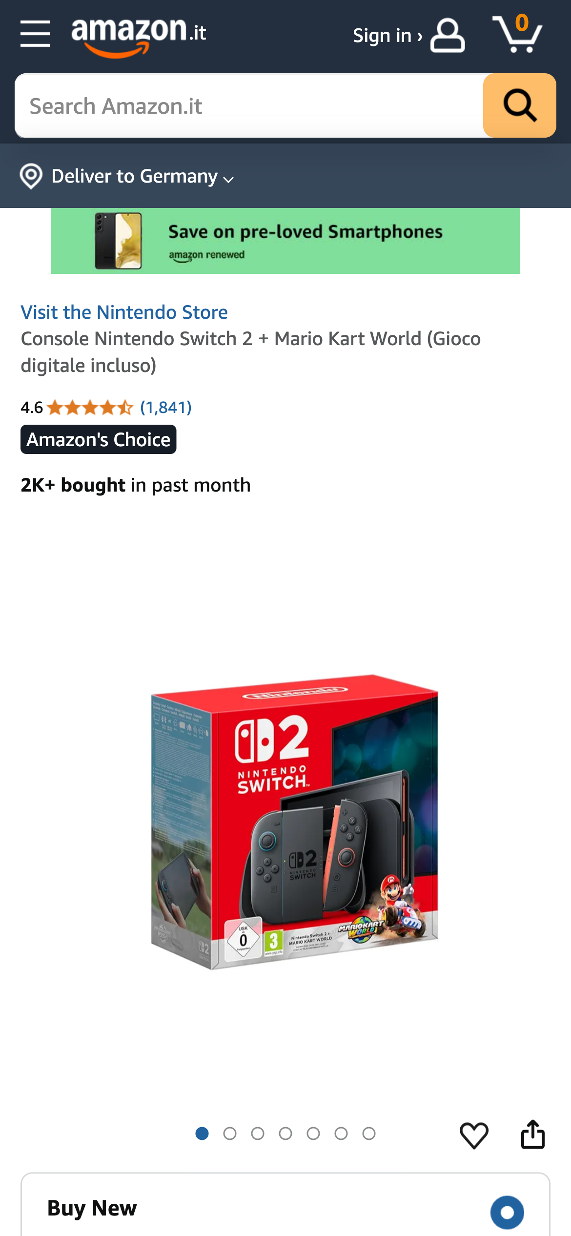 Nintendo Switch 2 mit Mario Kart World auf Amazon Italien, 2.000+ Verkäufe im letzten Monat.