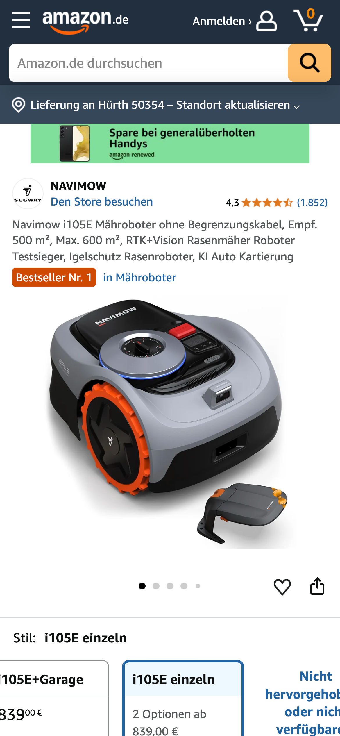 Navimow i105E Mähroboter – Bestseller bei Mährobotern, kabellos, für bis zu 600 m², Testsieger mit KI-Kartierung.