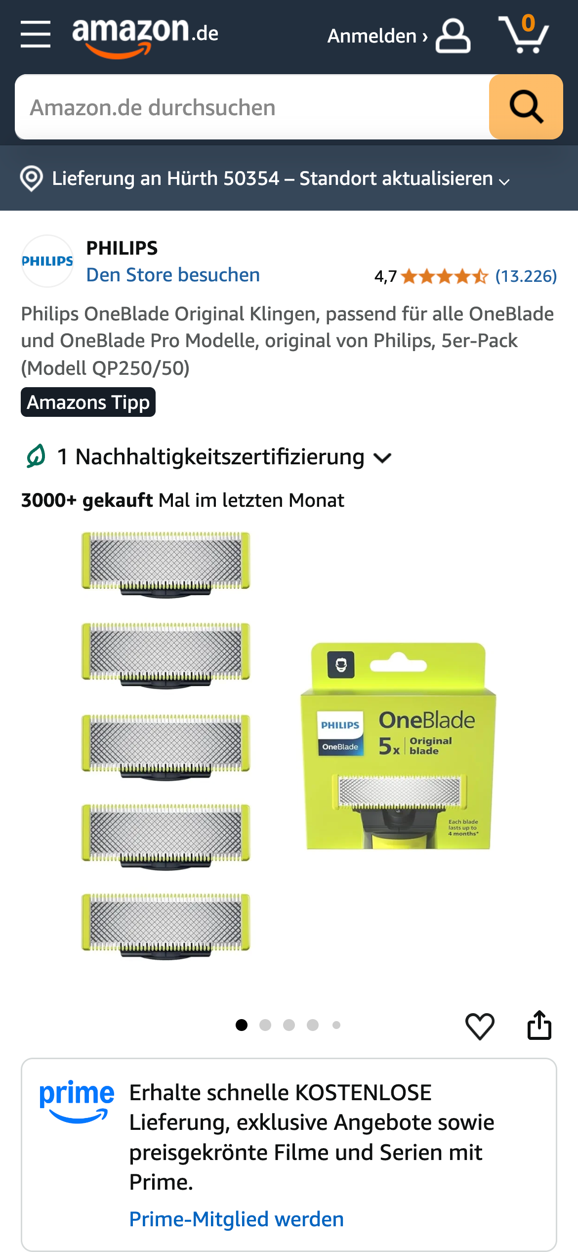 Philips OneBlade Klingen – Amazon-Produktseite, 4,7 Sterne, 3.000+ Verkäufe.