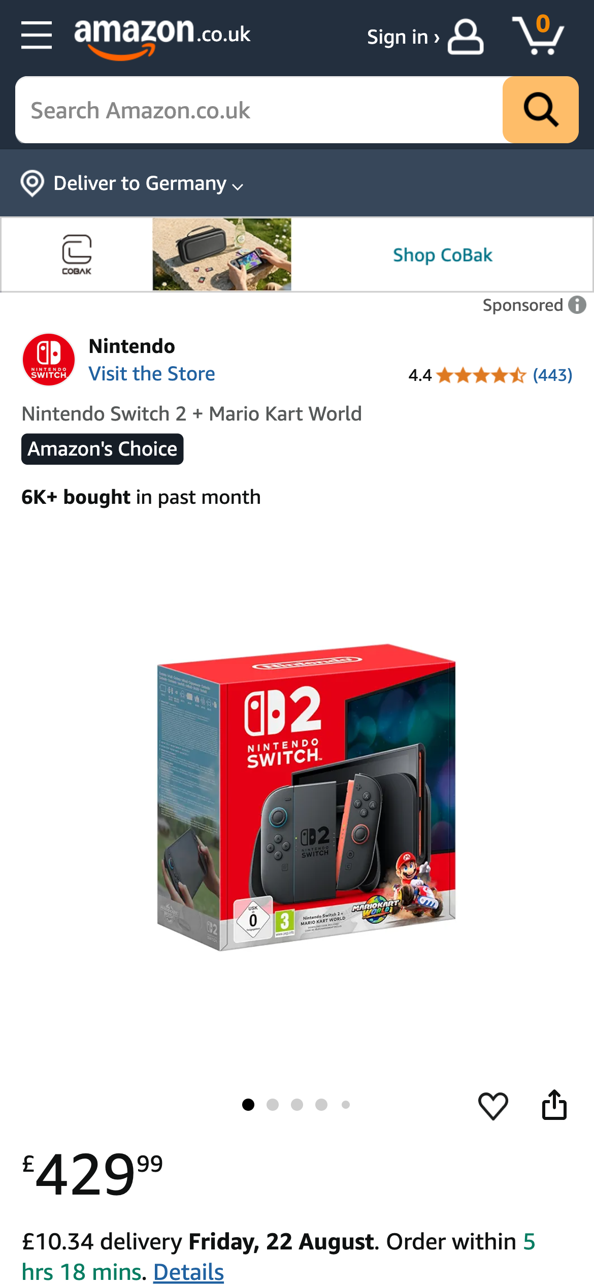 Nintendo Switch 2 mit Mario Kart World auf Amazon UK, 6.000+ Verkäufe im letzten Monat.