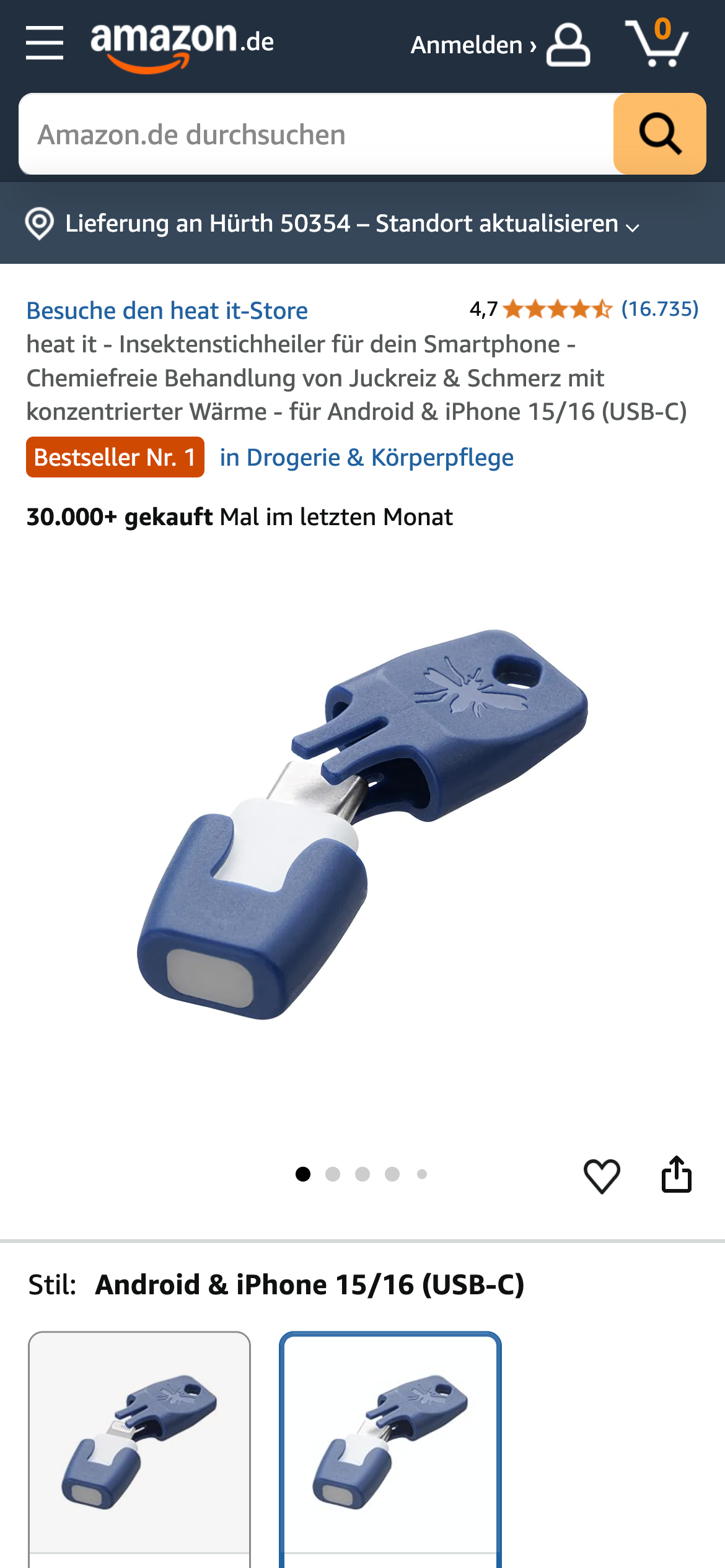 heat it Insektenstichheiler – Amazon-Produktseite, 4,7 Sterne, Bestseller Nr. 1, 30.000+ Verkäufe.