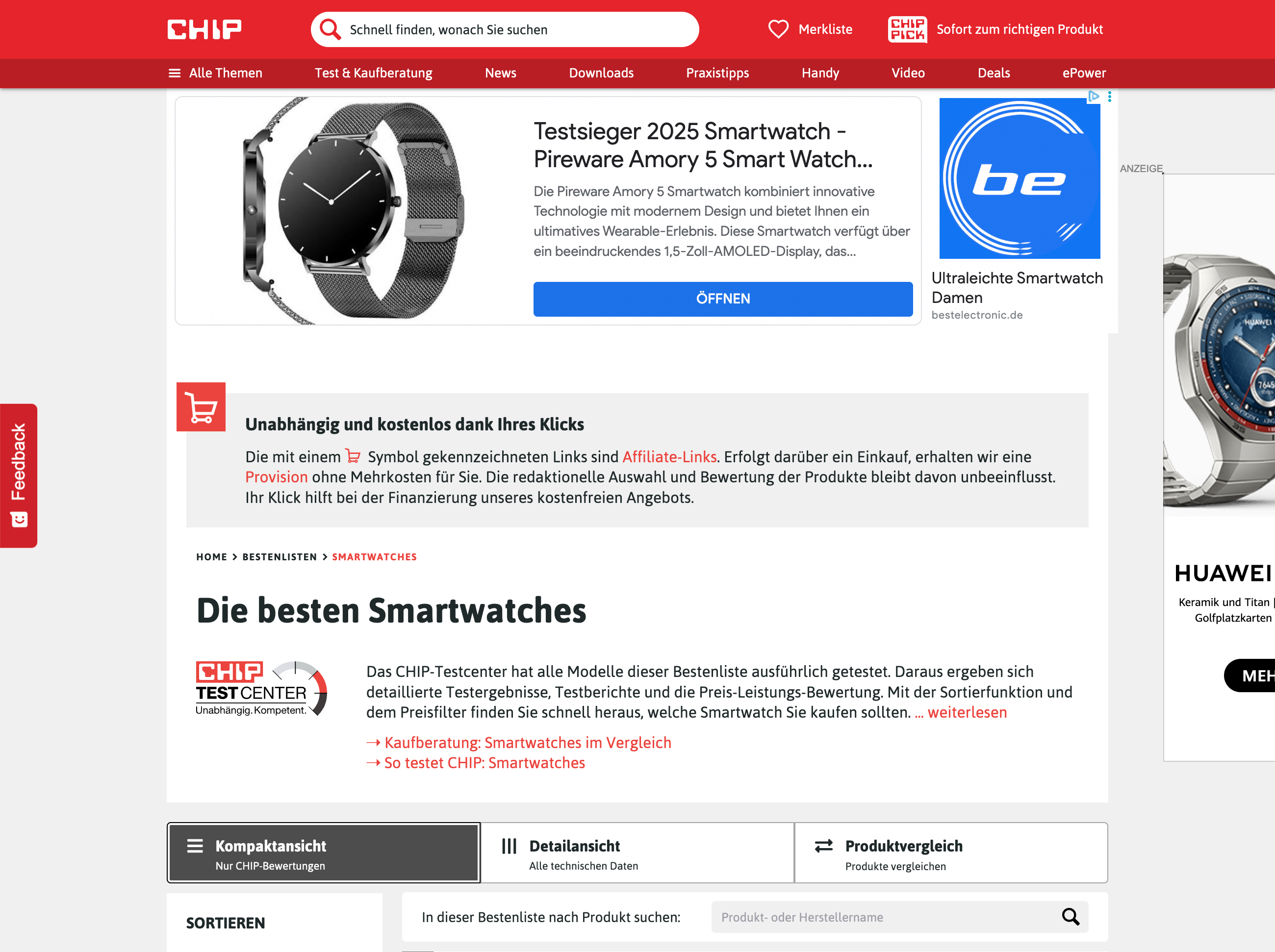 Startseite der CHIP-Bestenliste für Smartwatches mit Überblick zur Testmethodik und Sortieroptionen
