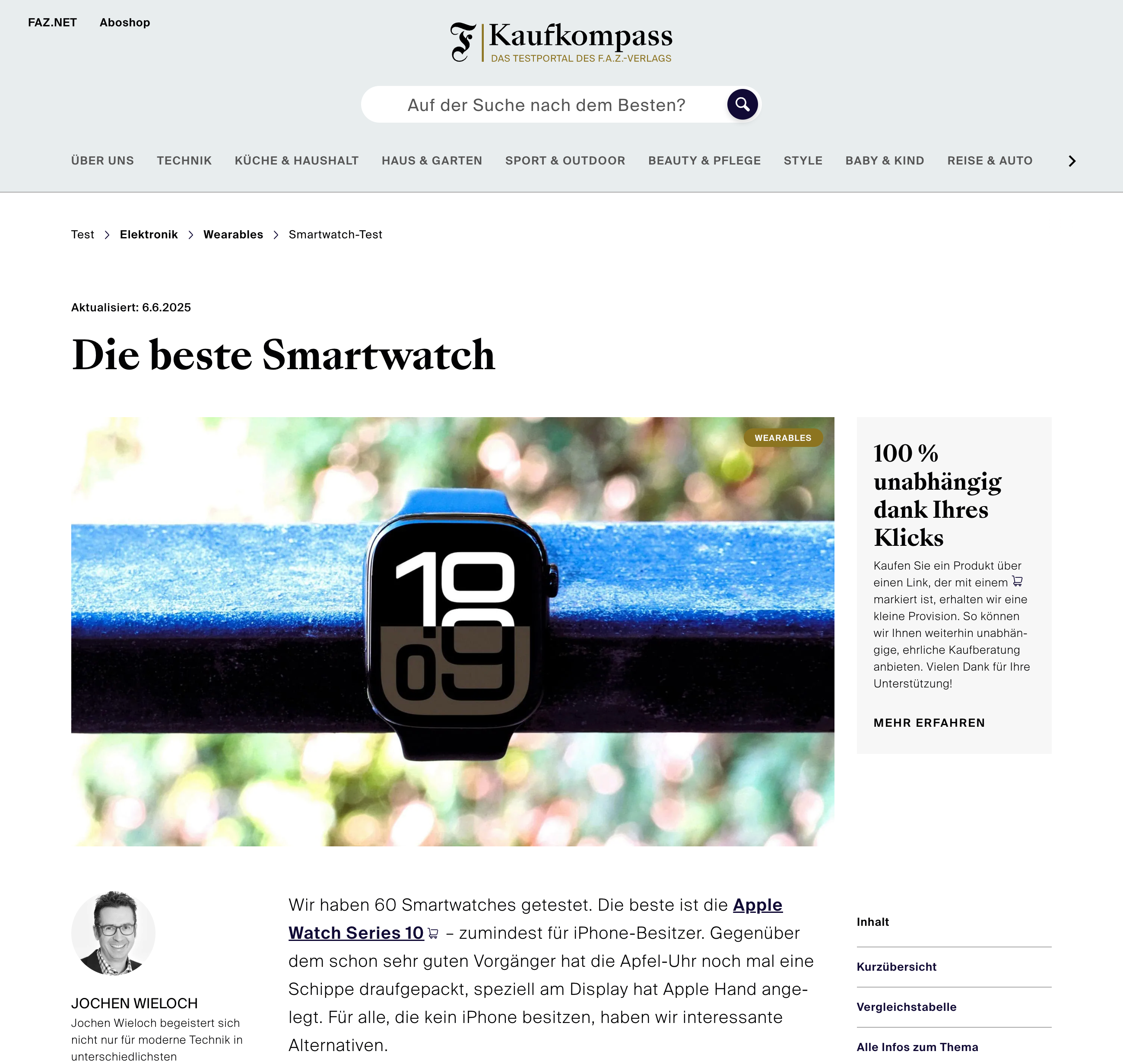FAZ Kaufkompass testet 60 Smartwatches – Testsieger ist die Apple Watch Series 10 für iPhone-Nutzer. Artikel zeigt Alternativen und legt Fokus auf unabhängige Produktempfehlung.
