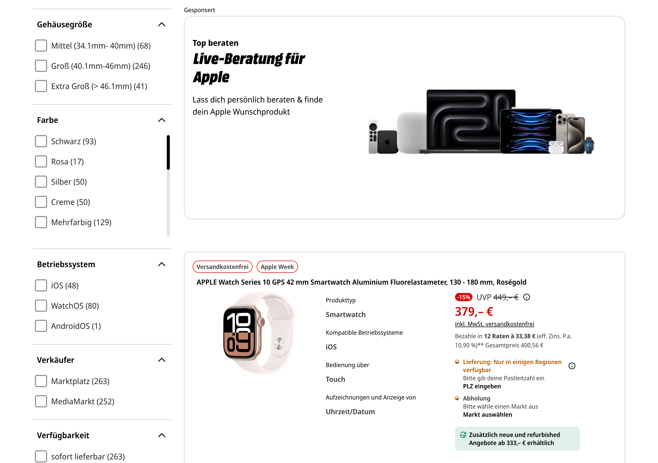 Produktdetailseite der Apple Watch Series 10 in Roségold bei MediaMarkt mit Preis, Ausstattung und Verfügbarkeit