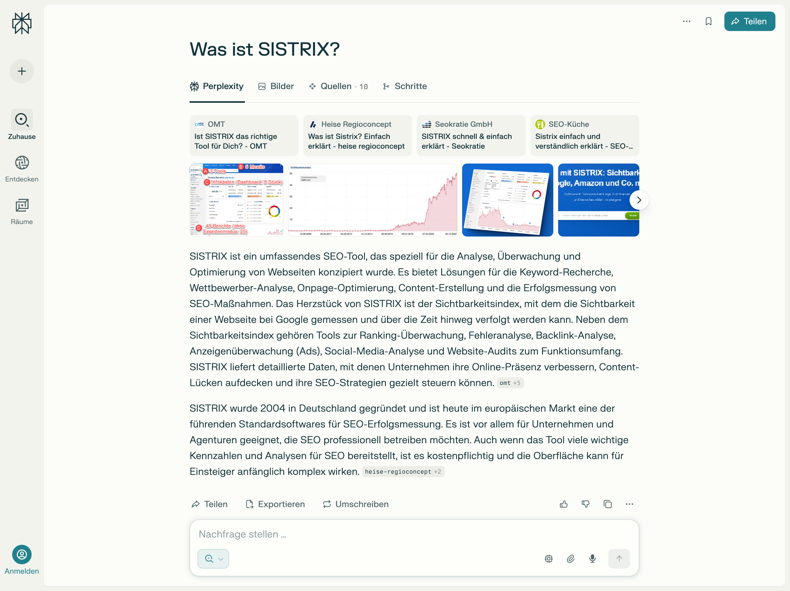 Screenshot von Perplexity mit der Antwort auf die Frage „Was ist SISTRIX?“ inklusive Beschreibung des SEO-Tools und Quellenübersicht.