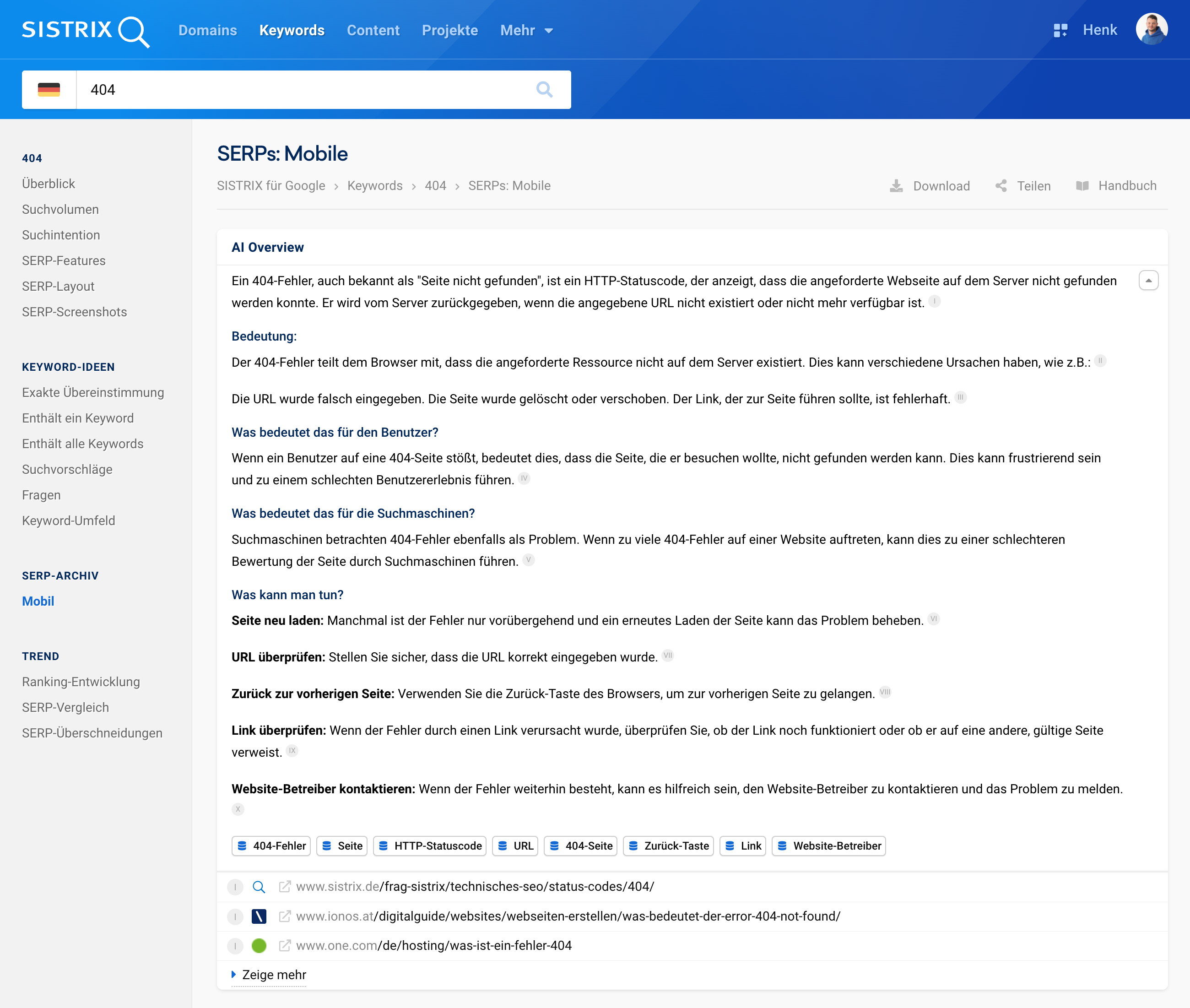 SISTRIX SERP-Archiv für „404“ mit AI Overview zu Bedeutung, Ursachen und Lösungen des Fehlers.