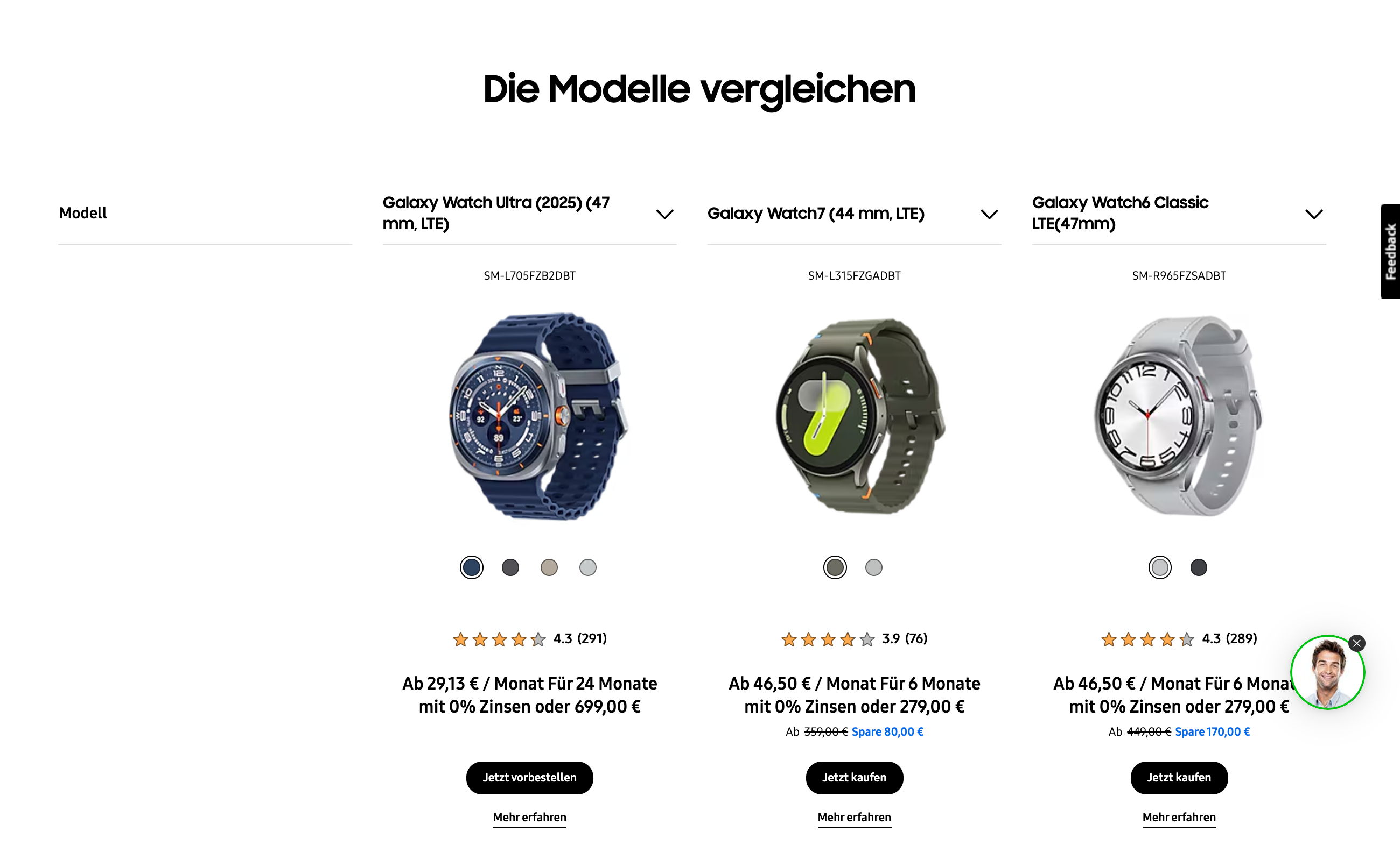 Produktvergleich für Galaxy Watch Ultra (2025), Galaxy Watch7 und Galaxy Watch6 Classic auf der Samsung-Website