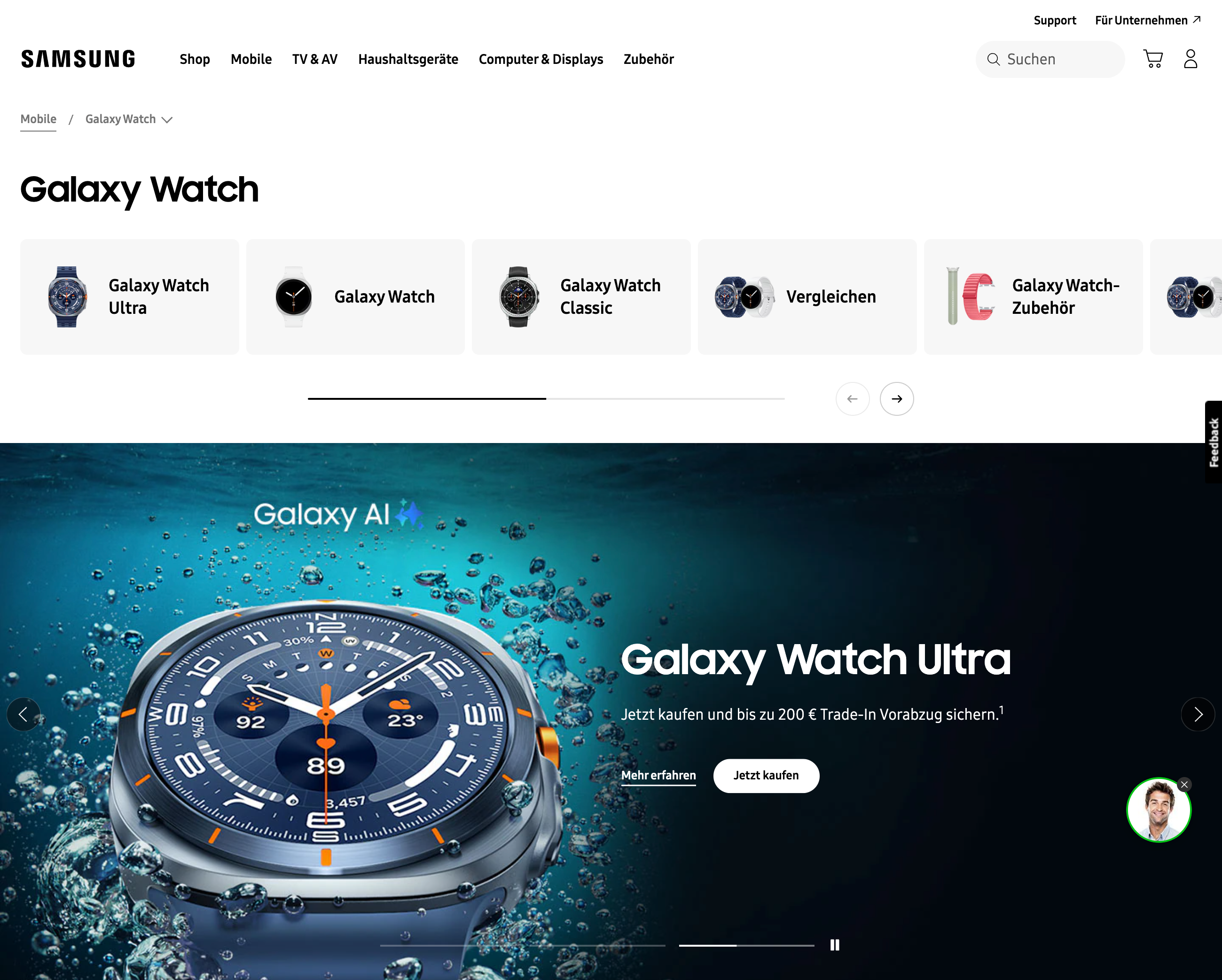 Samsung-Website mit Produktübersicht zur Galaxy Watch Ultra und Hero-Bild unter Wasser