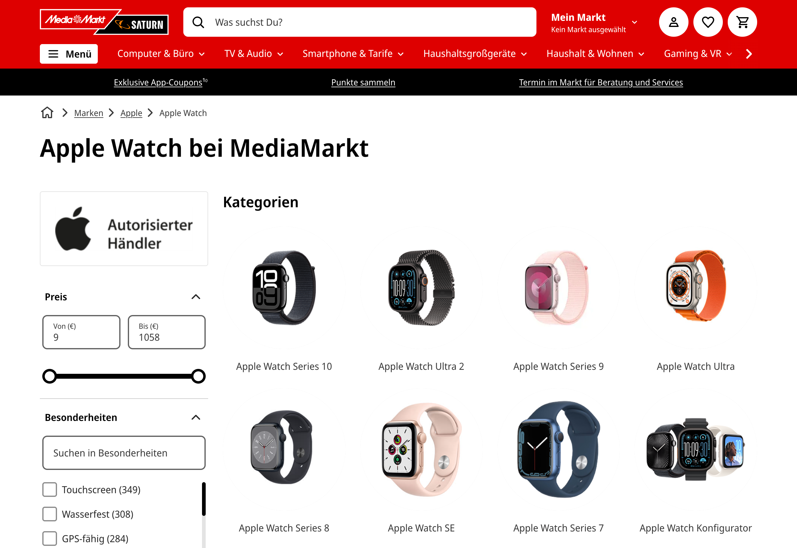 Produktübersicht zu Apple Watch Modellen bei MediaMarkt: Series 10, Ultra 2, Series 9, Ultra, Series 8, SE, Series 7 und Konfigurator