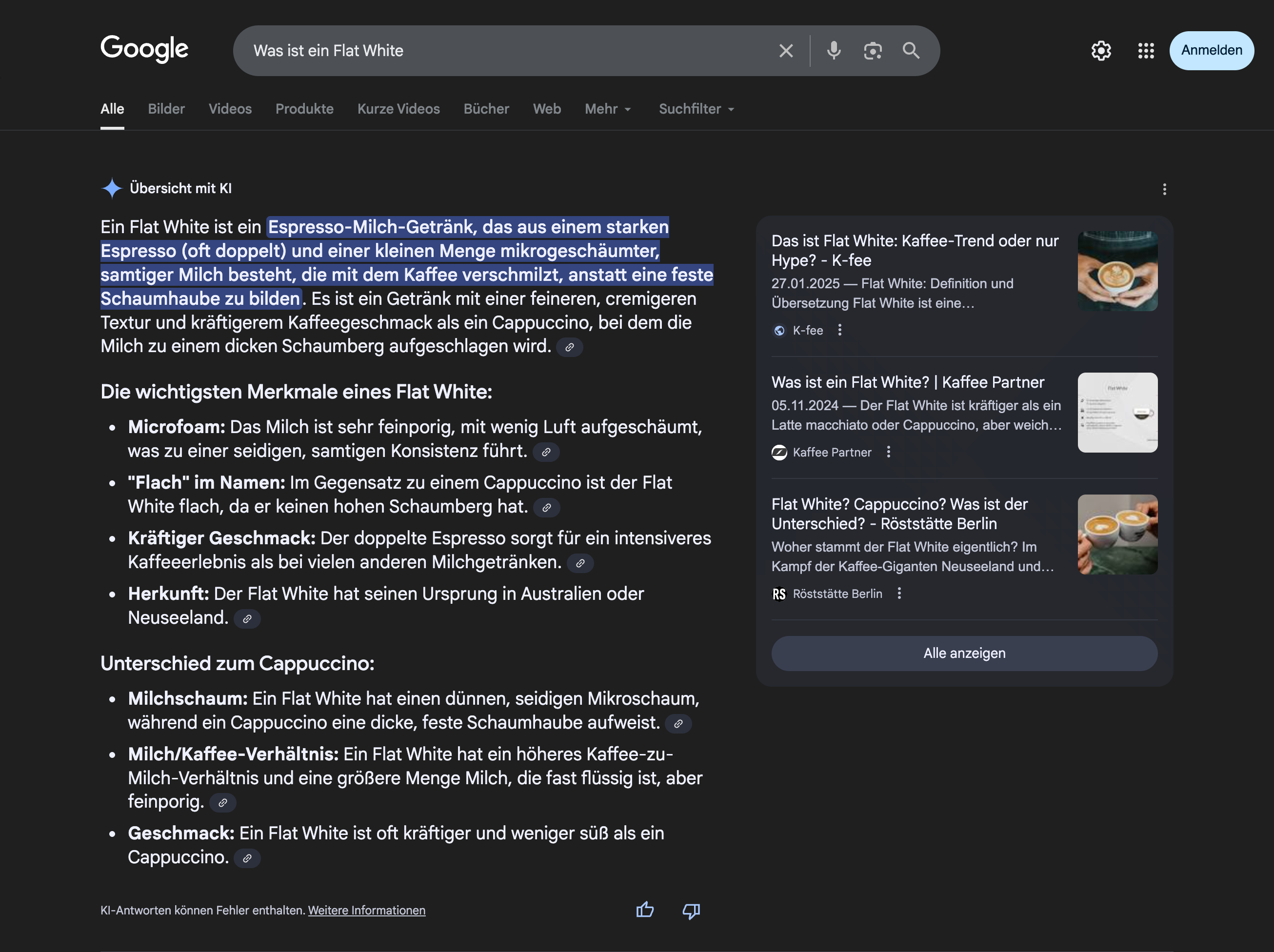Google AI Overview erklärt den Unterschied eines Flat White zu Cappuccino