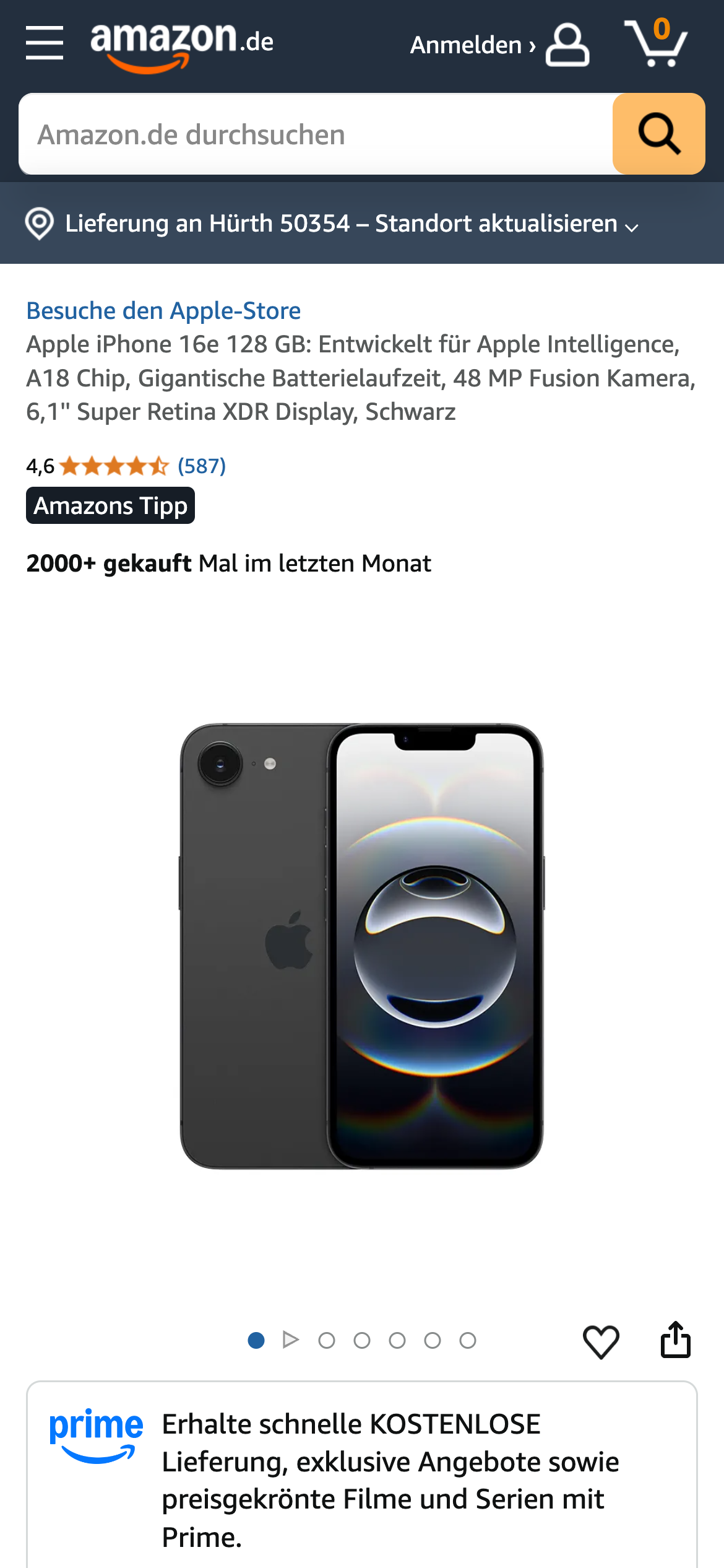 Amazon Produktseite Apple iPhone 16e 128 GB Schwarz mit Super Retina XDR Display