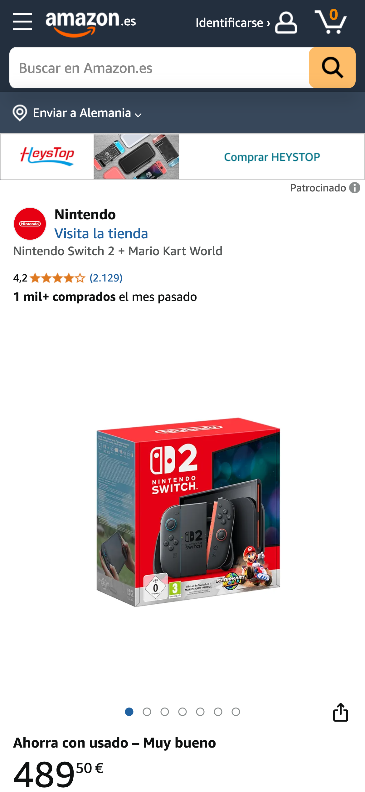 Produktbox Nintendo Switch 2 mit Mario Kart World, Angebot Amazon Spanien
