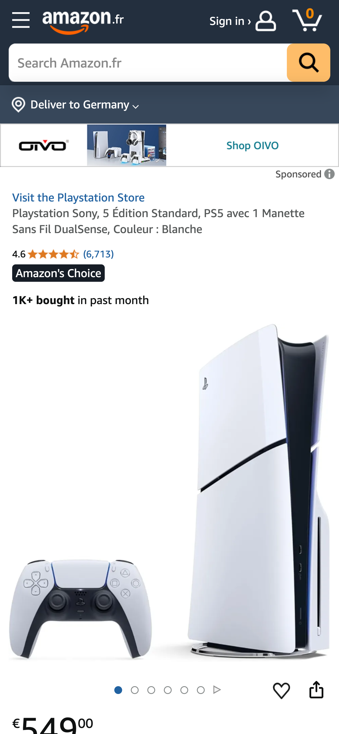 Sony Playstation 5 Standard Edition mit Controller, Angebot Amazon Frankreich