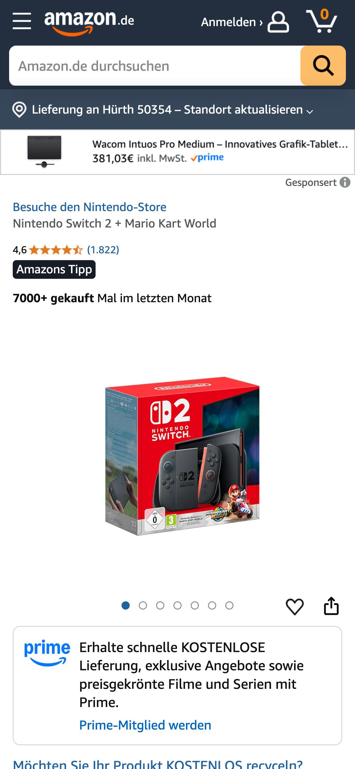 Amazon Produktseite Nintendo Switch 2 Bundle mit Mario Kart World