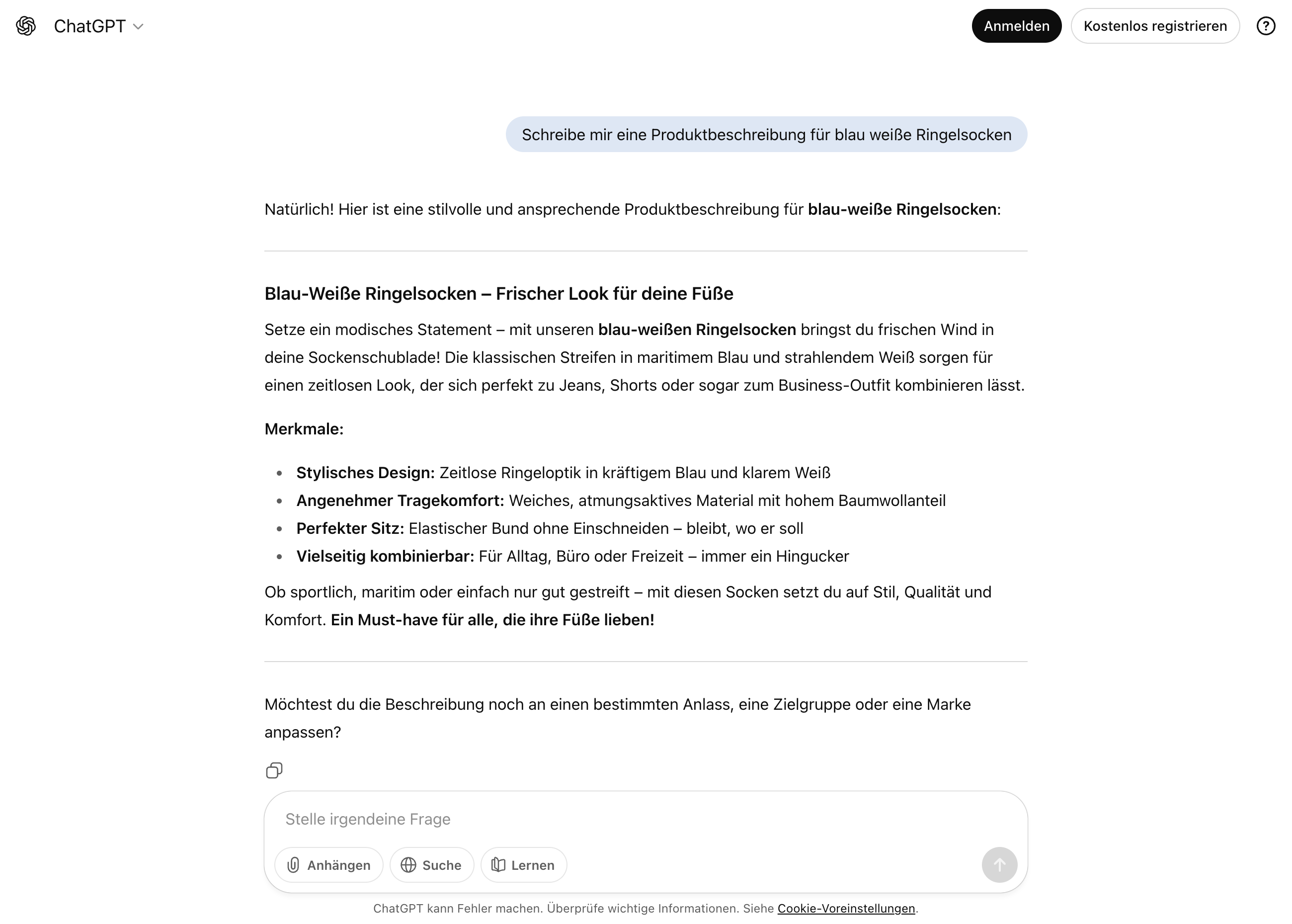 ChatGPT erstellt eine Produktbeschreibung für blau weiße Ringelsocken