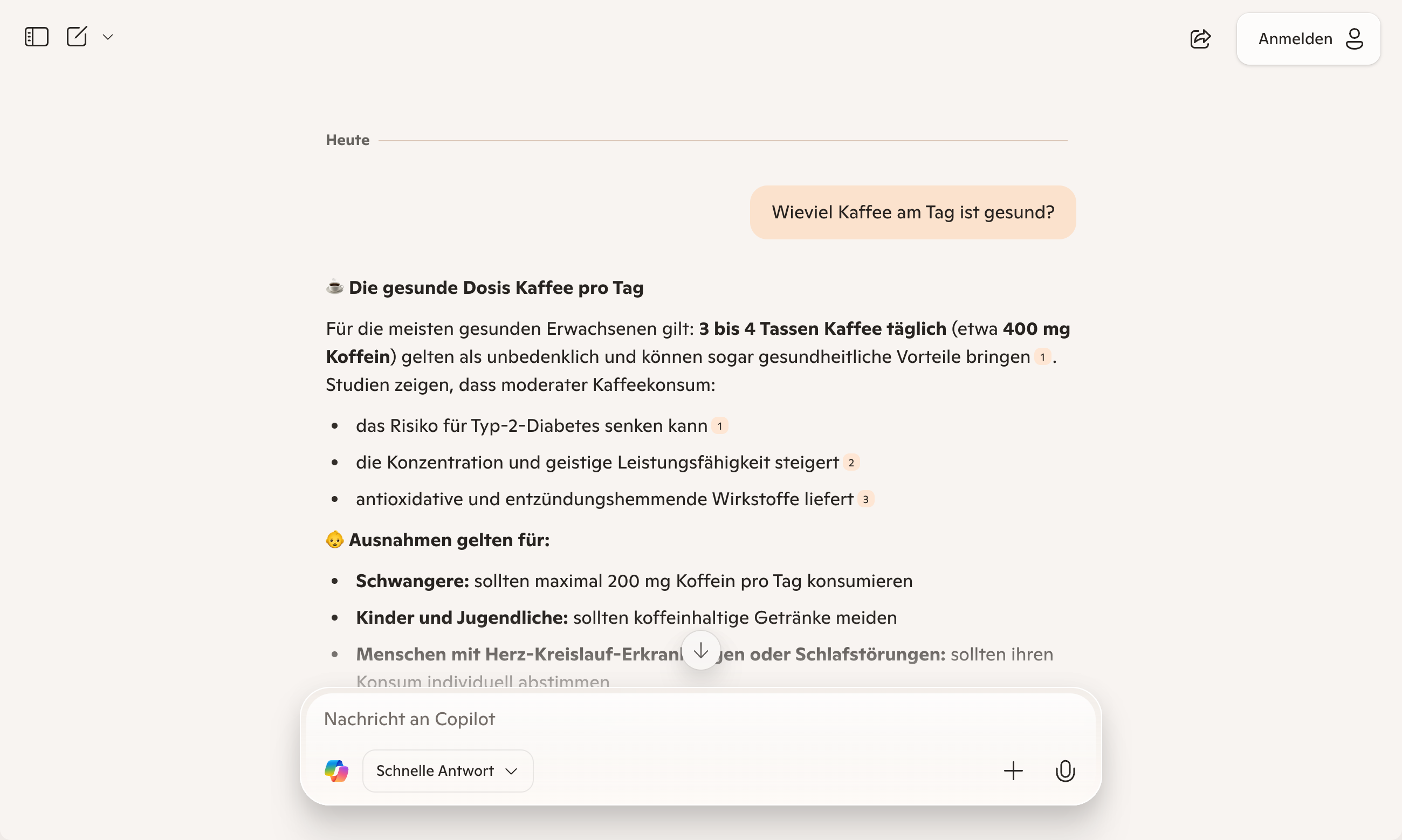 Microsoft Copilot Antwort zur gesunden Kaffeemenge pro Tag mit Empfehlungen und Ausnahmen