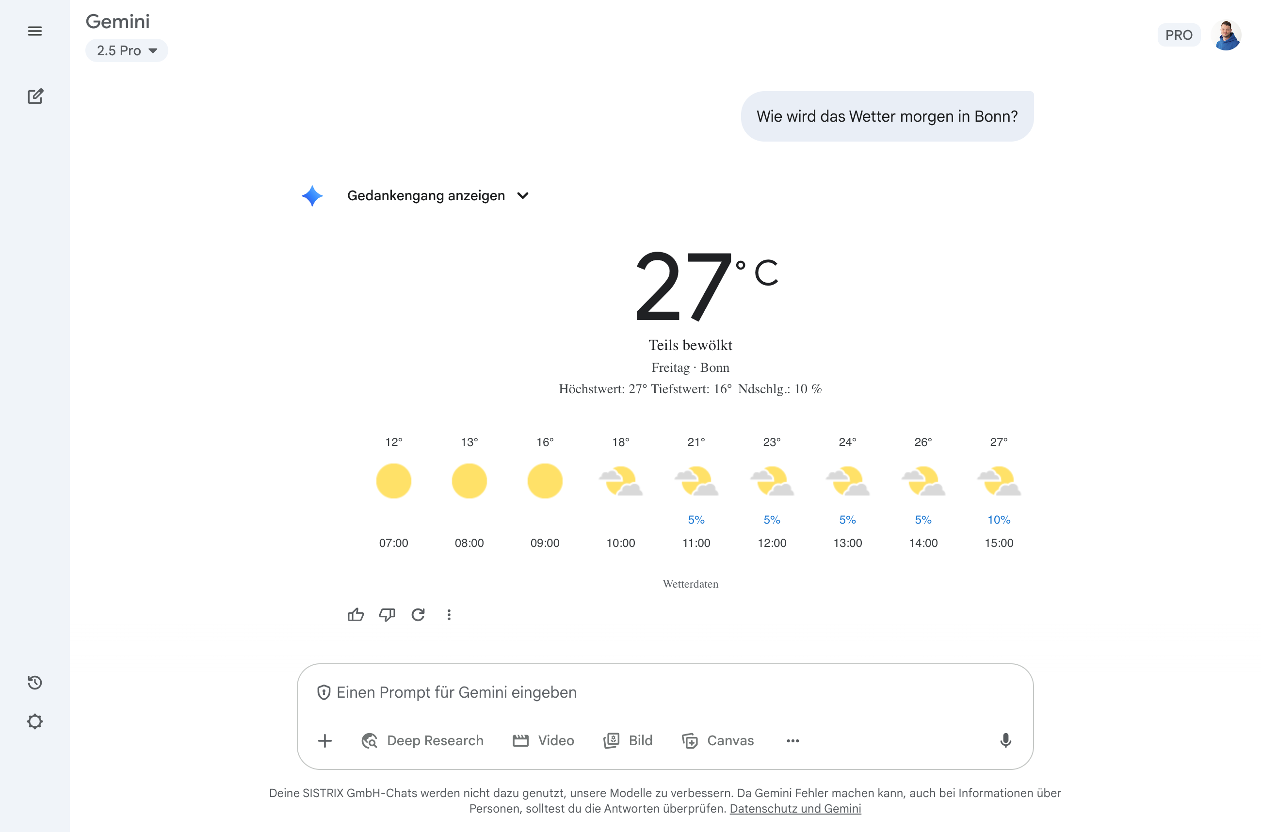 Google Gemini zeigt Wettervorhersage für Bonn mit Temperaturen und stündlicher Übersicht