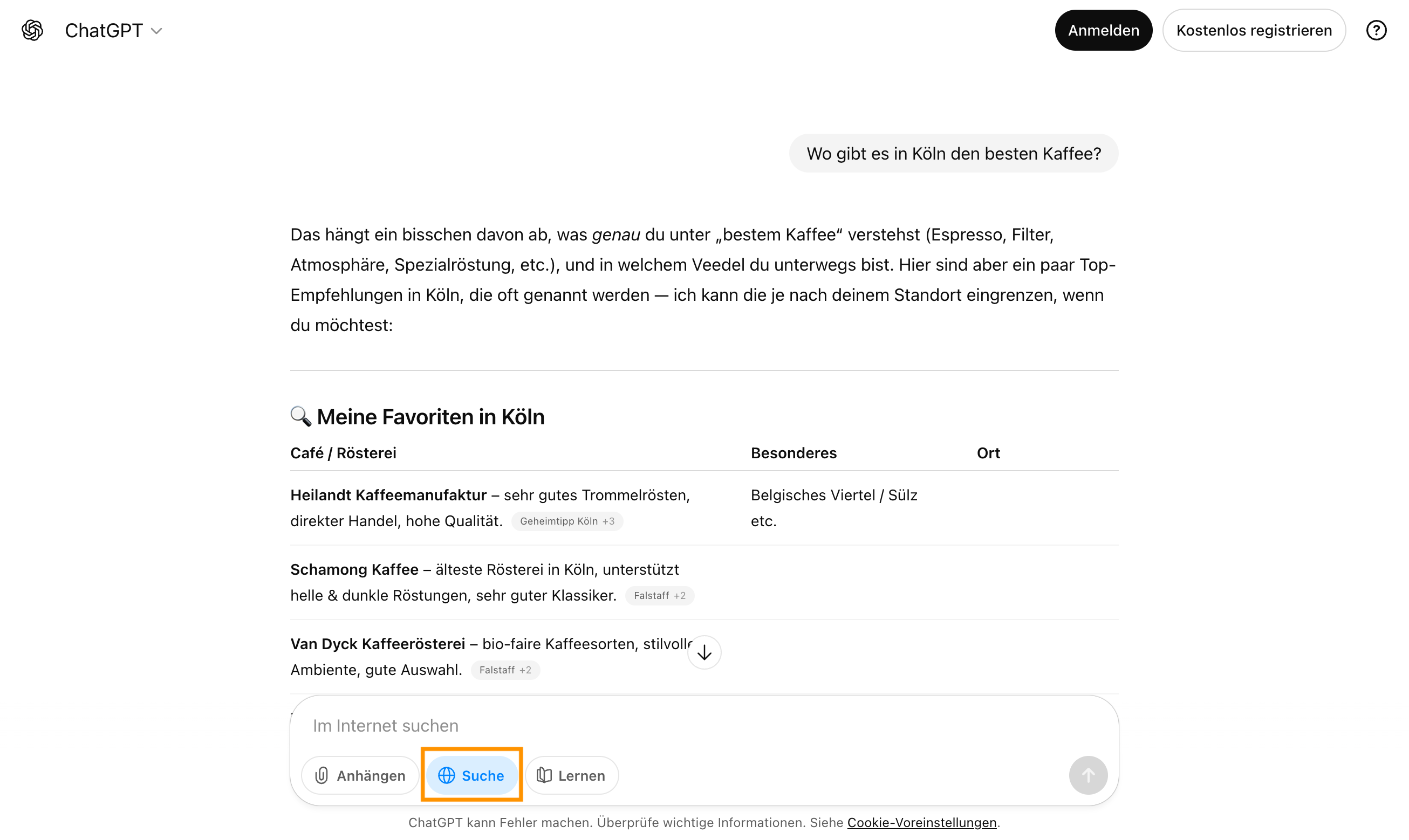 ChatGPT liefert Empfehlungen für Cafés und Röstereien in Köln mit besonderen Merkmalen