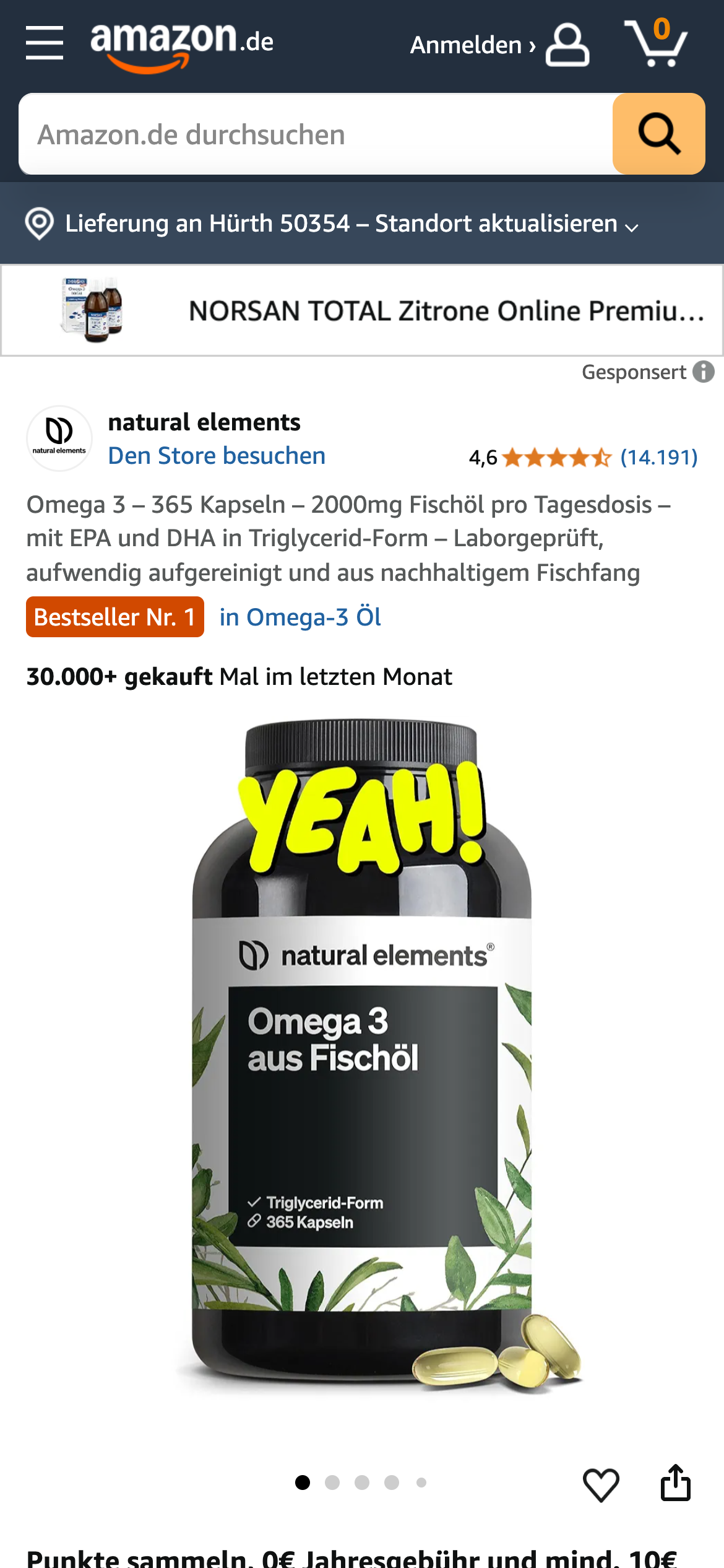 Omega 3 Fischöl Kapseln von Natural Elements, Bestseller auf Amazon.