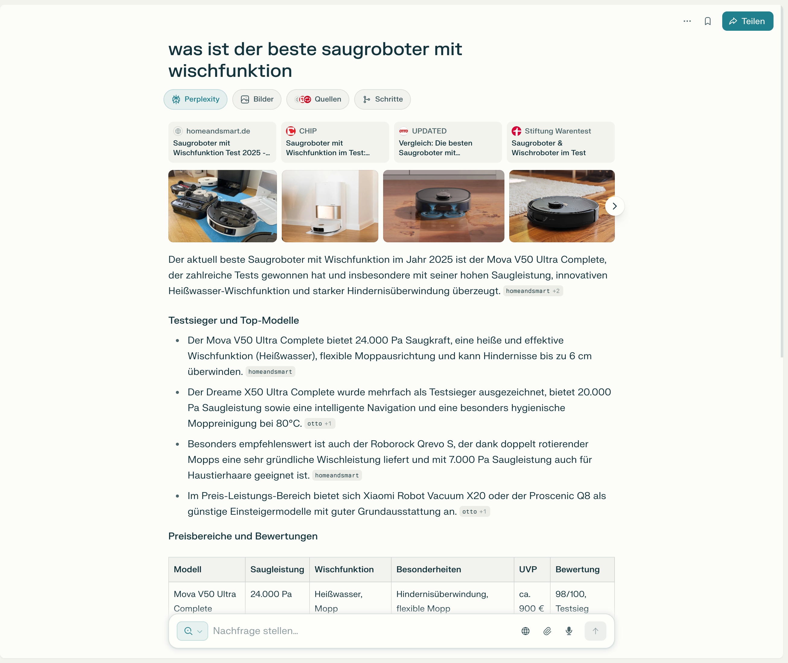 Perplexity Antwort zu besten Saugrobotern mit Wischfunktion inklusive Testsieger und Preisübersicht