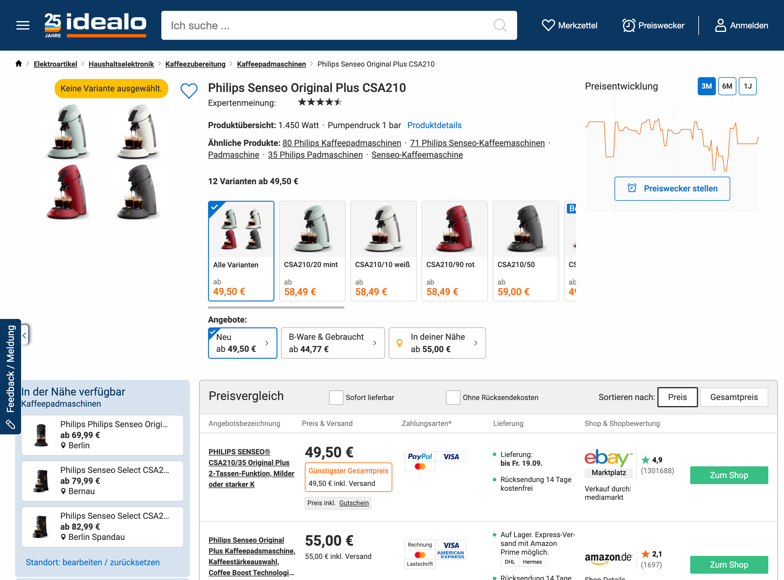 Idealo-Produktseite mit Preisvergleich für Philips Senseo Kaffeemaschine