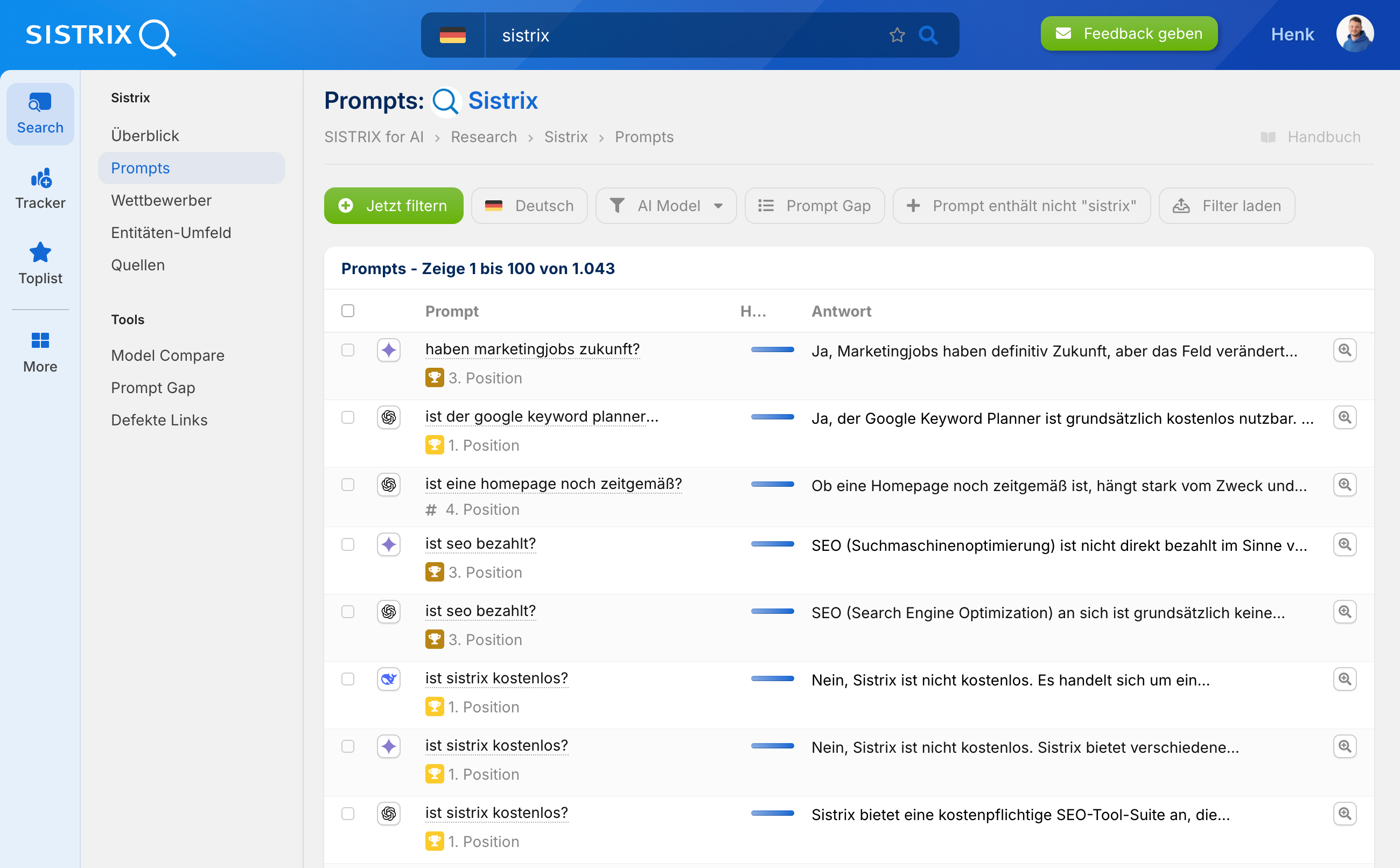 Screenshot des SISTRIX Tools mit einer Übersicht häufiger Prompts und Antworten zu Sistrix.