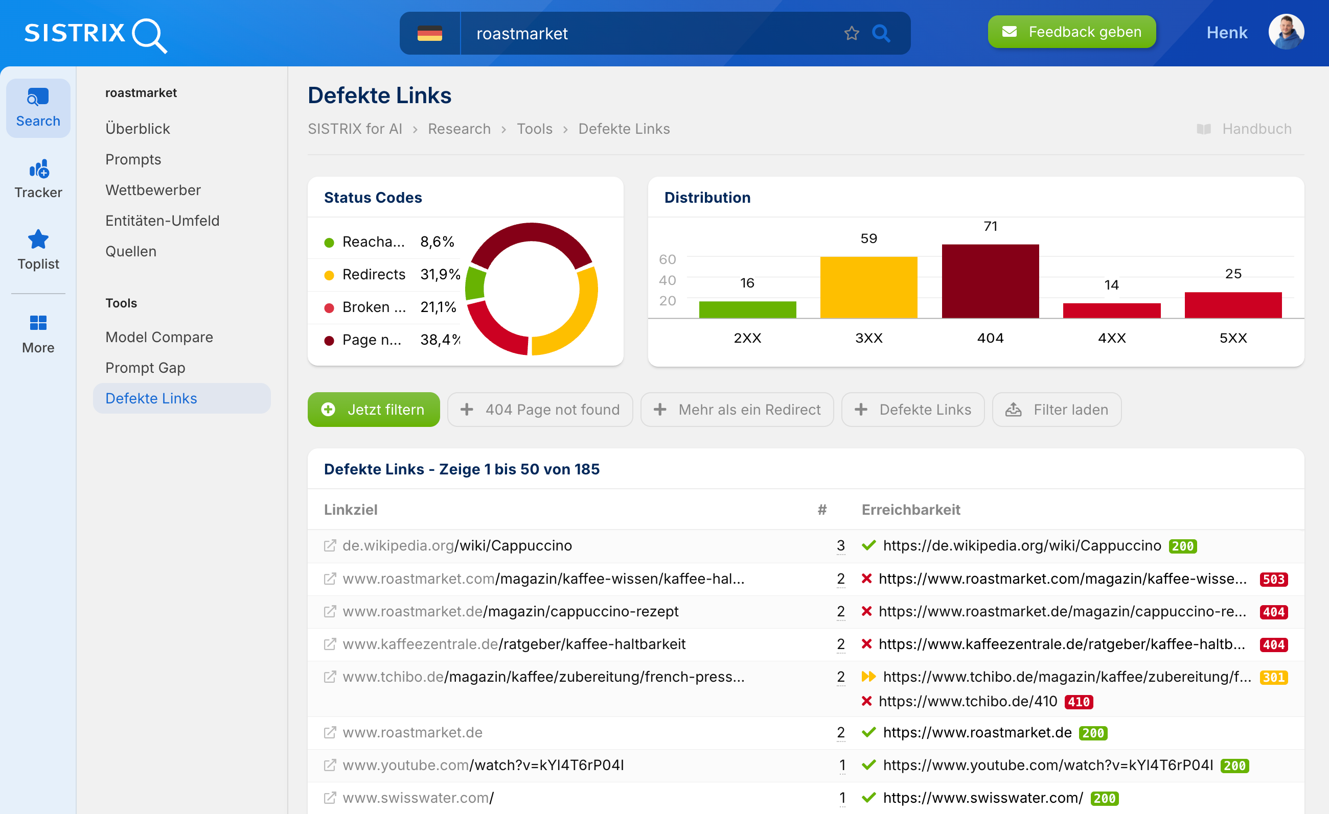 Screenshot des SISTRIX Tools zur Analyse defekter Links mit Statuscodes und Linkzielen.