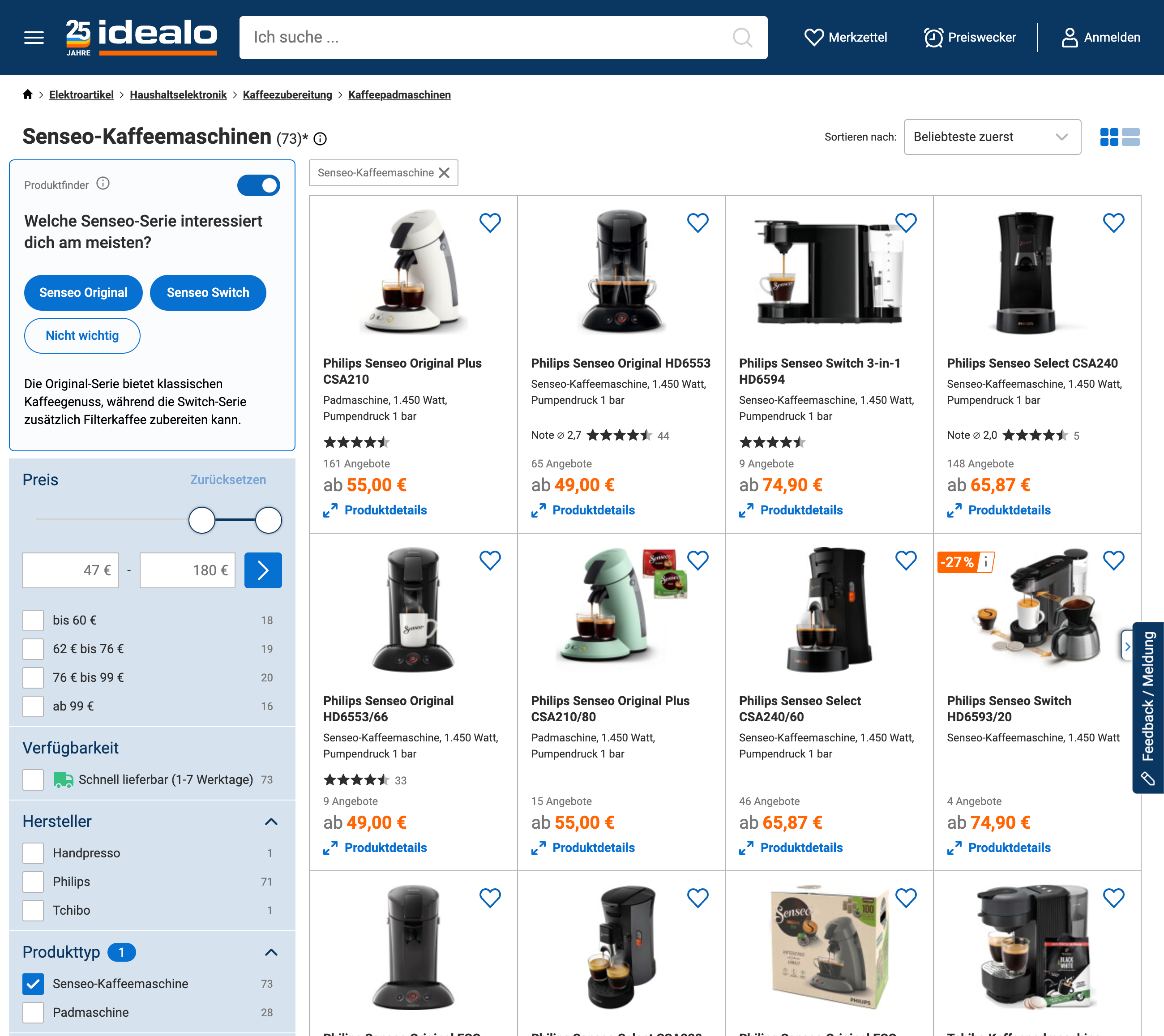 Idealo Preisvergleich für verschiedene Philips Senseo Kaffeemaschinen Modelle