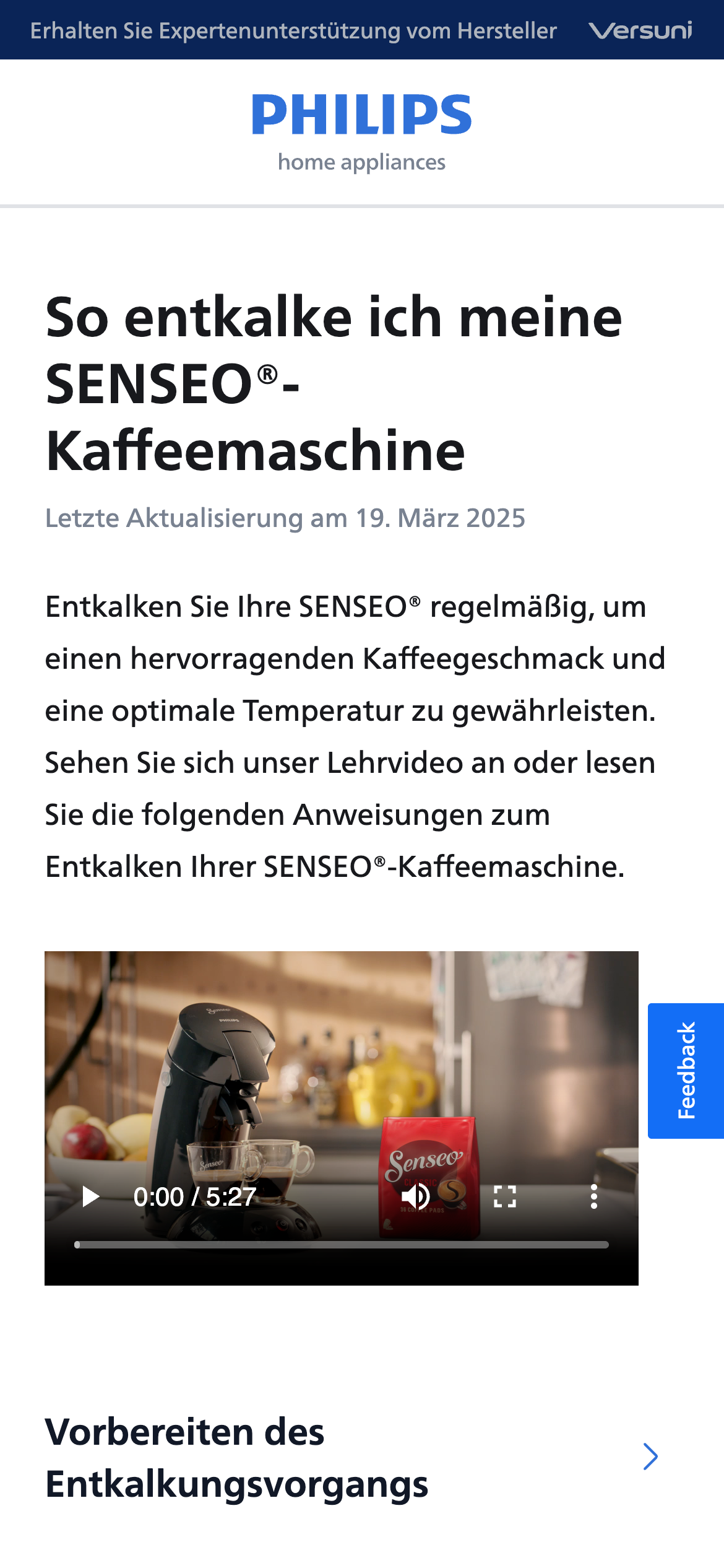 Philips Website mit Anleitung und Video zum Entkalken einer Senseo Kaffeemaschine