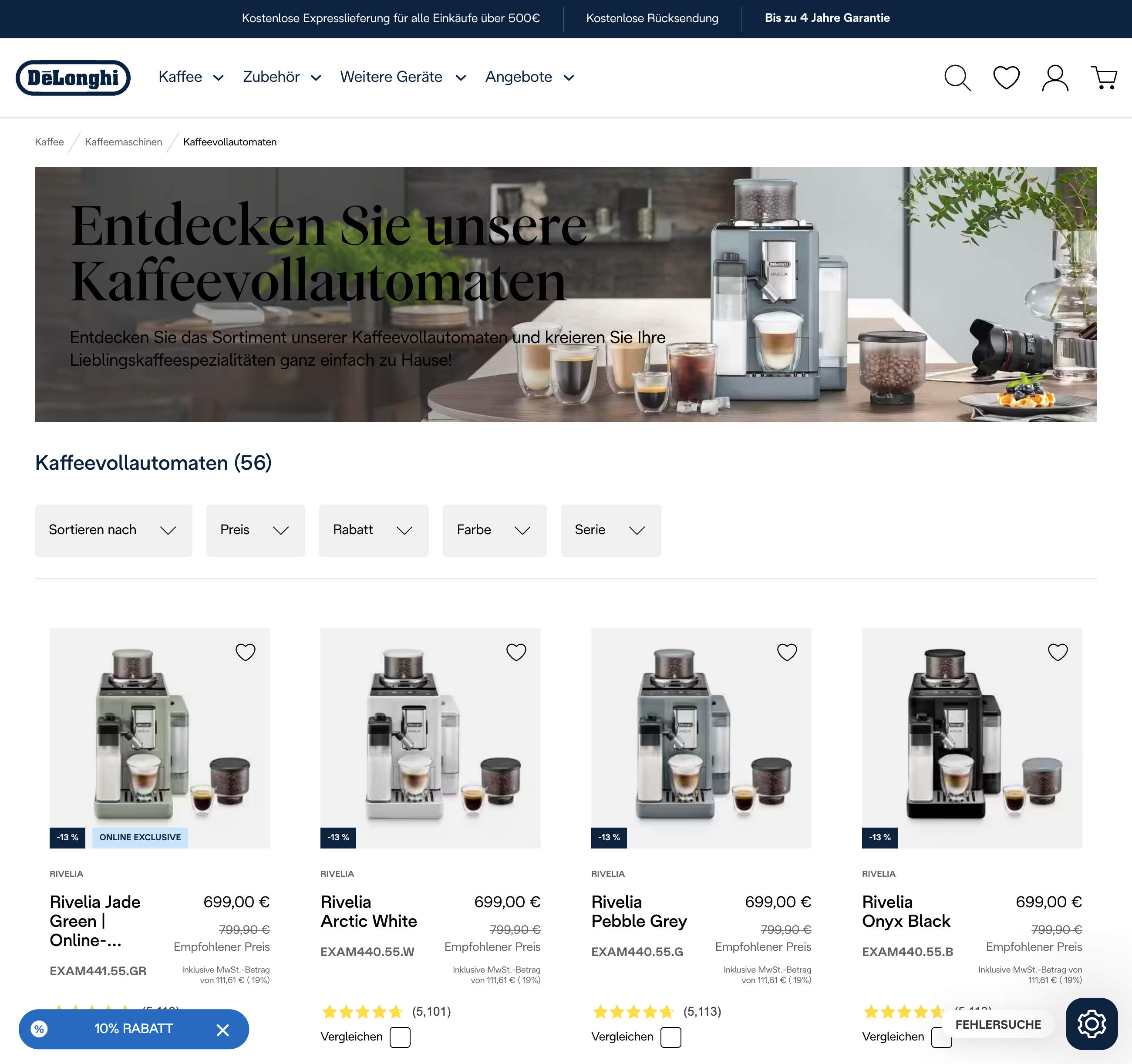 Onlineshop-Seite von DeLonghi mit Kaffeevollautomaten