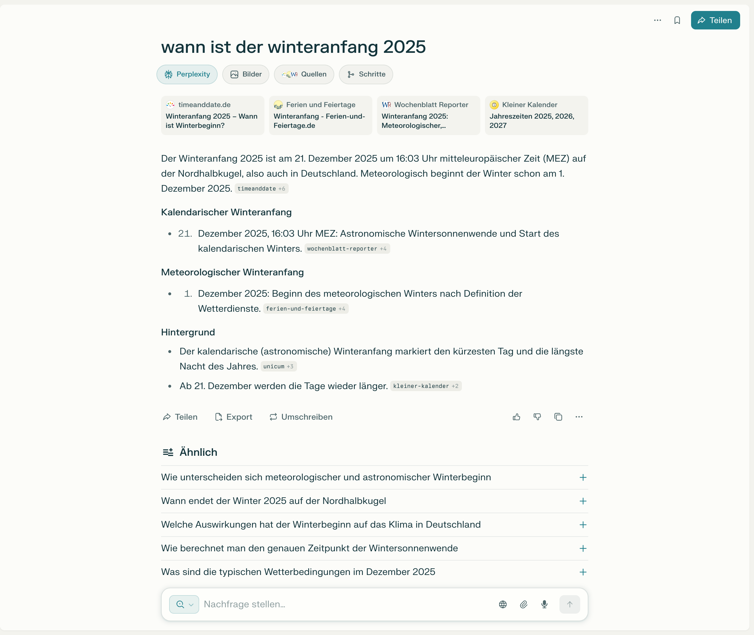 Perplexity Antwort mit Datum und Hintergrundinfos zum Winteranfang 2025