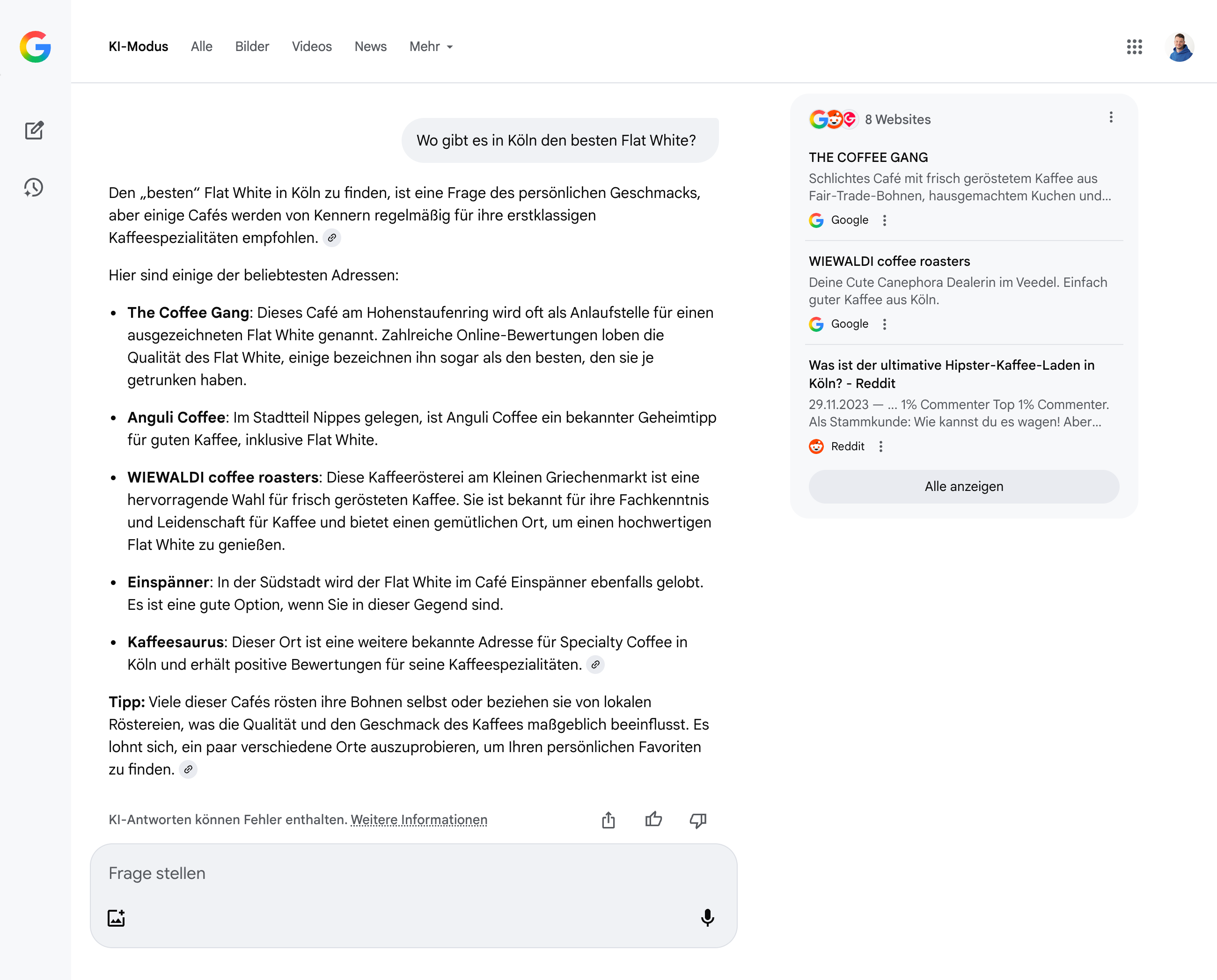 Screenshot einer Google KI-Antwort zur Frage nach dem besten Flat White in Köln mit Café-Empfehlungen wie The Coffee Gang, Anguli Coffee und WIEWALDI coffee roasters.