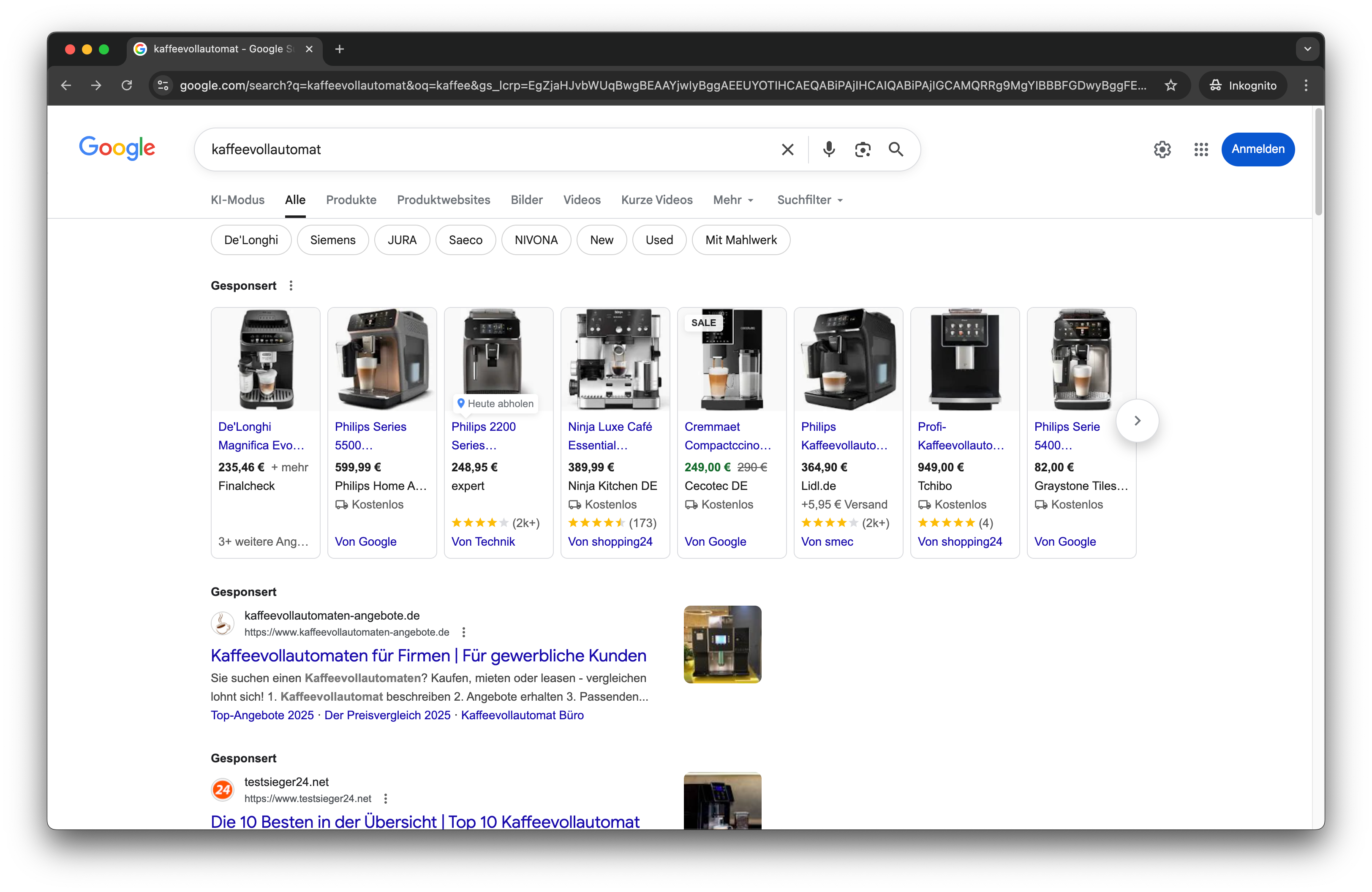 Screenshot der Google-Suchergebnisse für „Kaffeevollautomat“ mit Produktanzeigen und gesponserten Treffern.