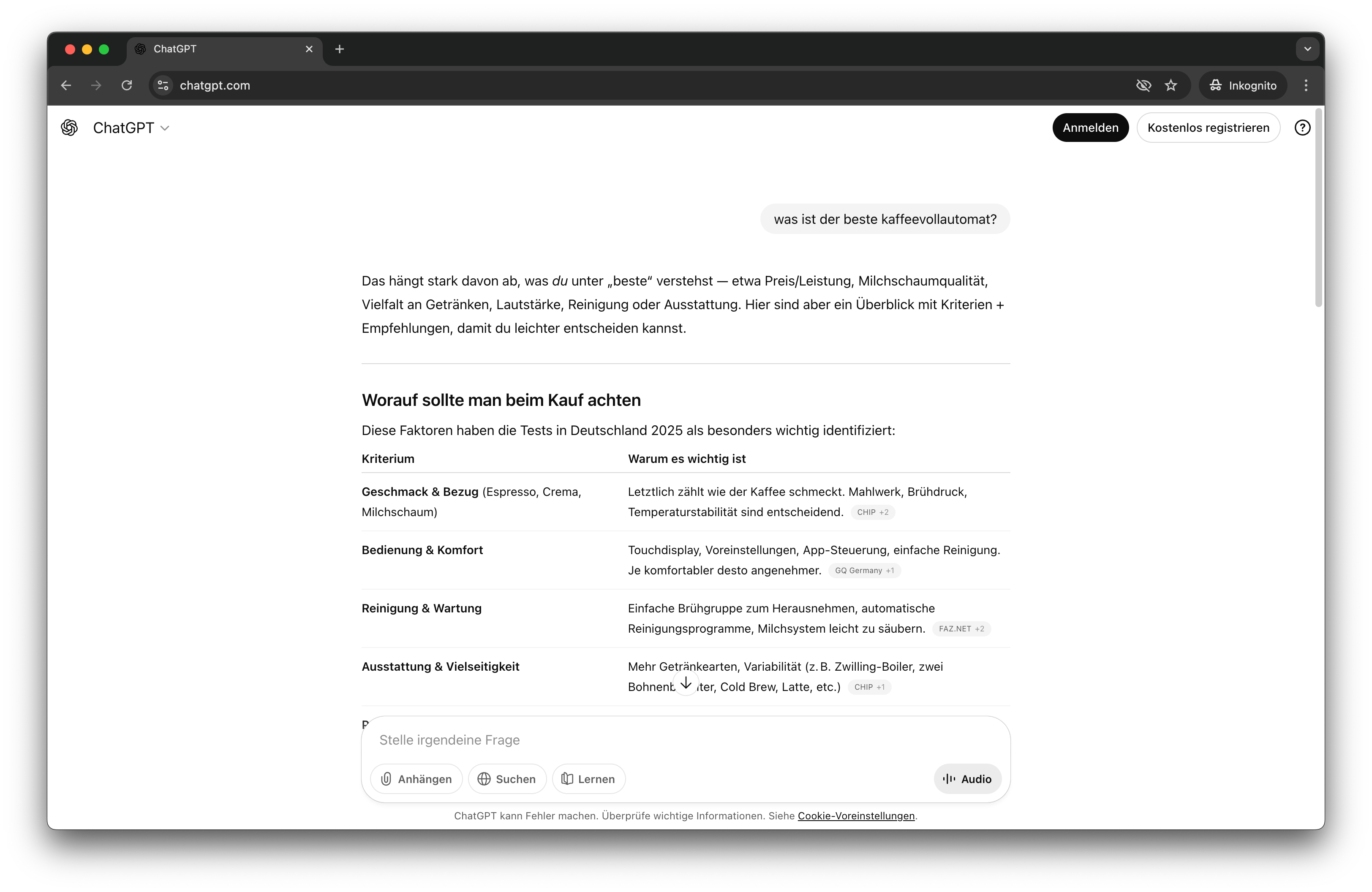 Screenshot einer ChatGPT-Antwort zur Frage nach dem besten Kaffeevollautomaten mit tabellarischer Übersicht der Kaufkriterien.