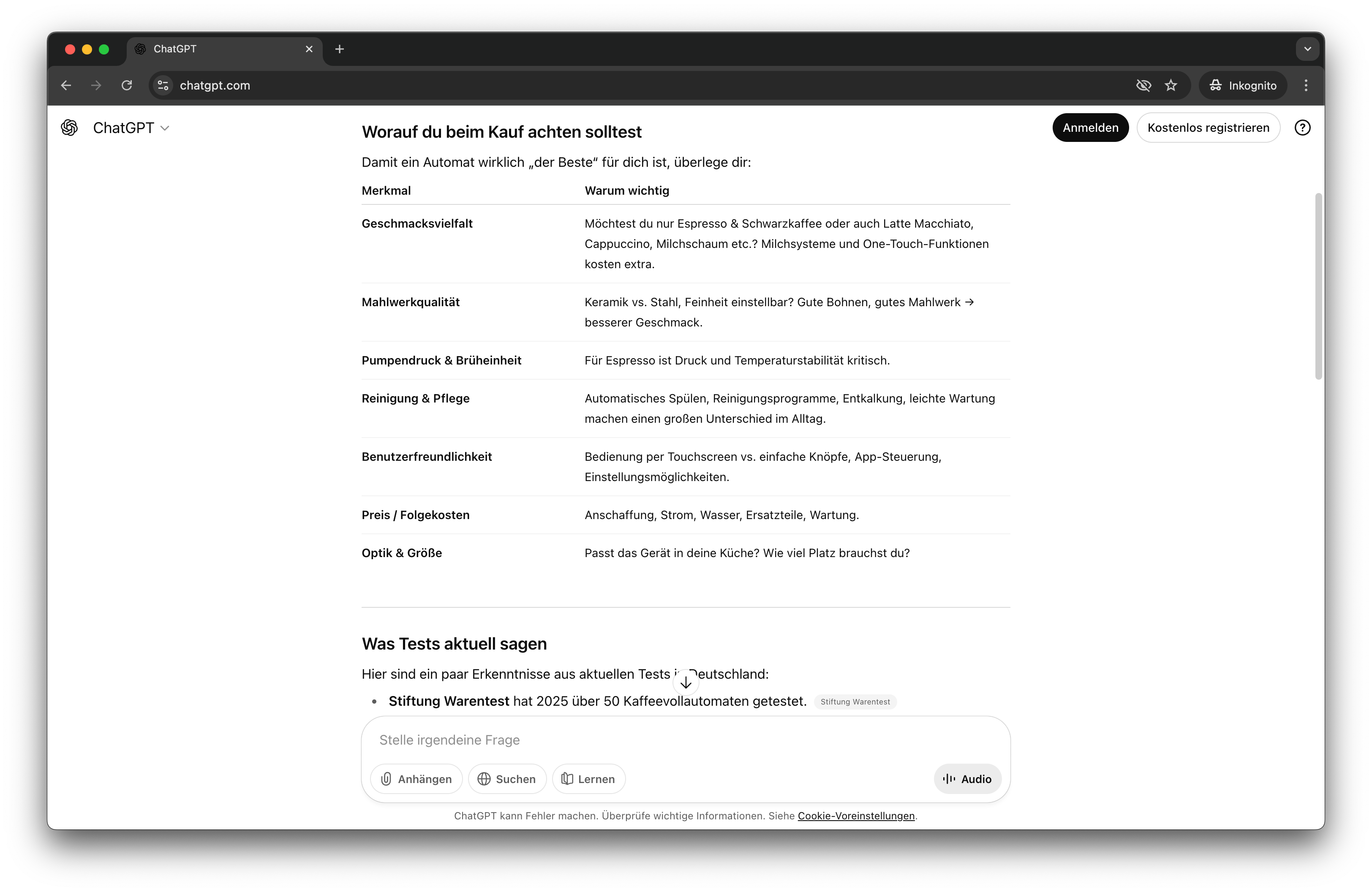 Screenshot einer ChatGPT-Antwort mit detaillierter Auflistung der Kaufkriterien und Verweis auf Stiftung Warentest.