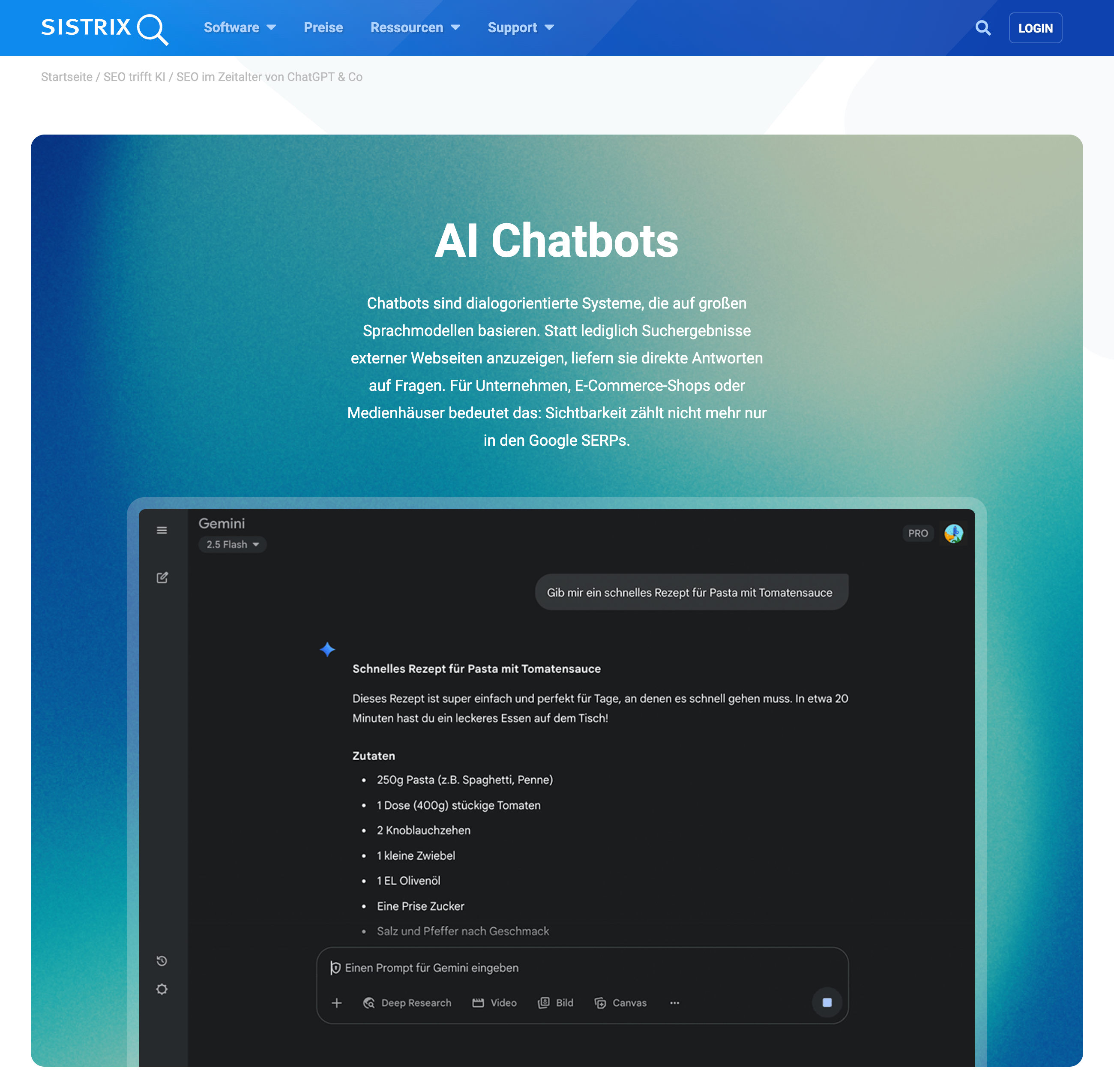 Abschnitt zu AI Chatbots mit Erläuterung und Screenshot einer Gemini-Antwort zu einem Pasta-Rezept.